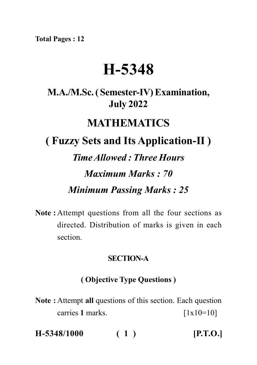 Sarguja University Question Paper July-2022 :   M.Sc. In Mathematics (Fourth sem.)Fuzzy Sets And Their Application (II) Paper 1 - Page 1