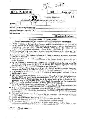 BHU RET GEOGRAPHY SOCAL 2015 Question Paper