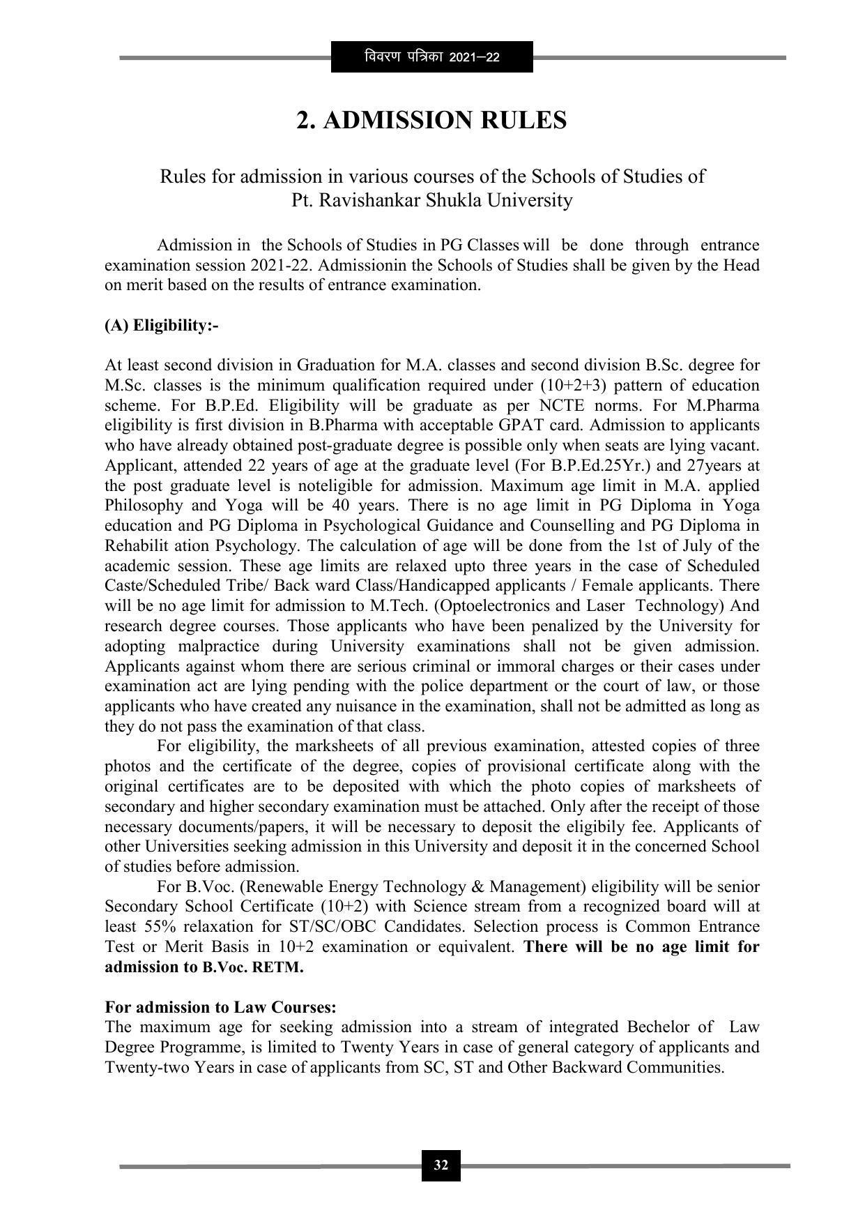 Pandit Ravishankar Shukla University (PRSU), Raipur - 2021 - 22 (Prospectus) - Page 45