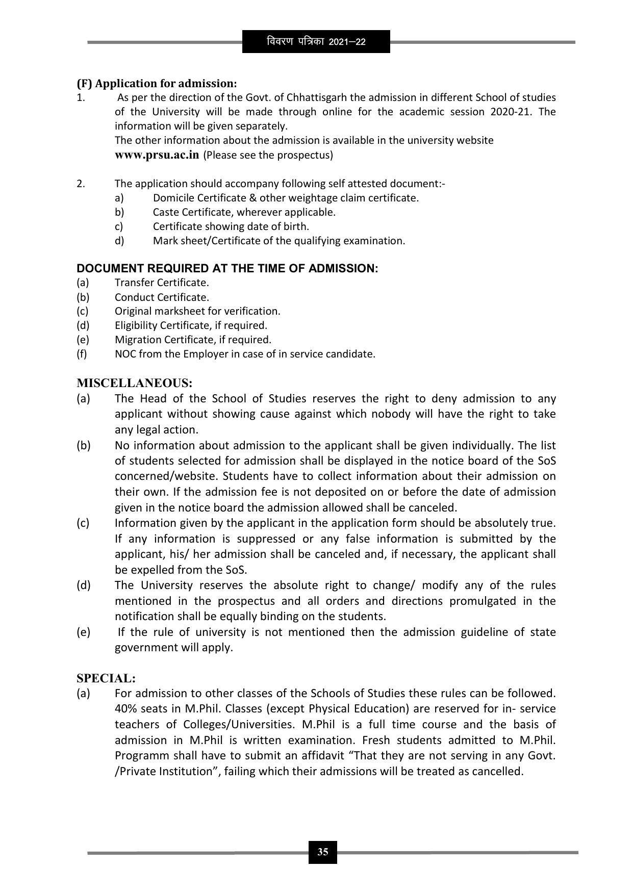 Pandit Ravishankar Shukla University (PRSU), Raipur - 2021 - 22 (Prospectus) - Page 48