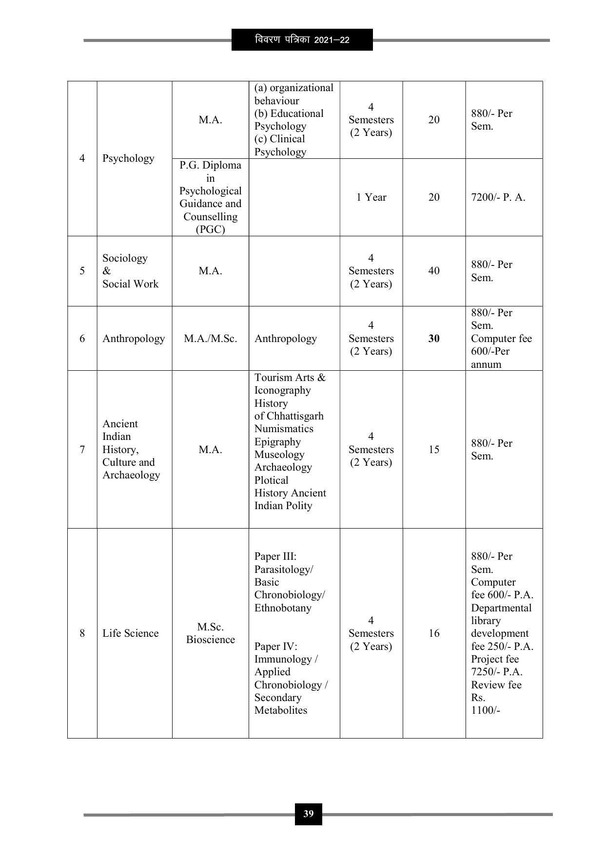 Pandit Ravishankar Shukla University (PRSU), Raipur - 2021 - 22 (Prospectus) - Page 52