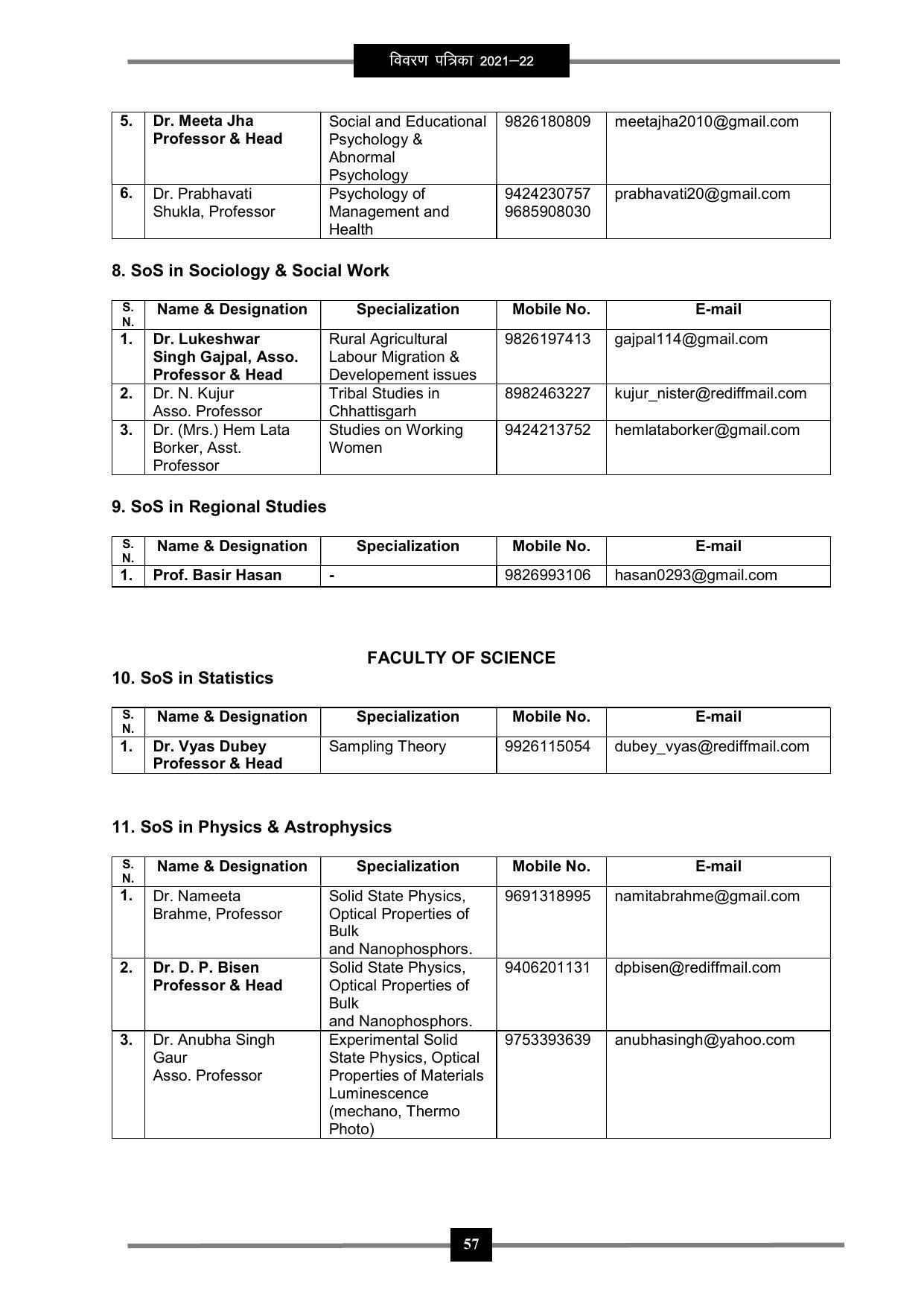 Pandit Ravishankar Shukla University (PRSU), Raipur - 2021 - 22 (Prospectus) - Page 70