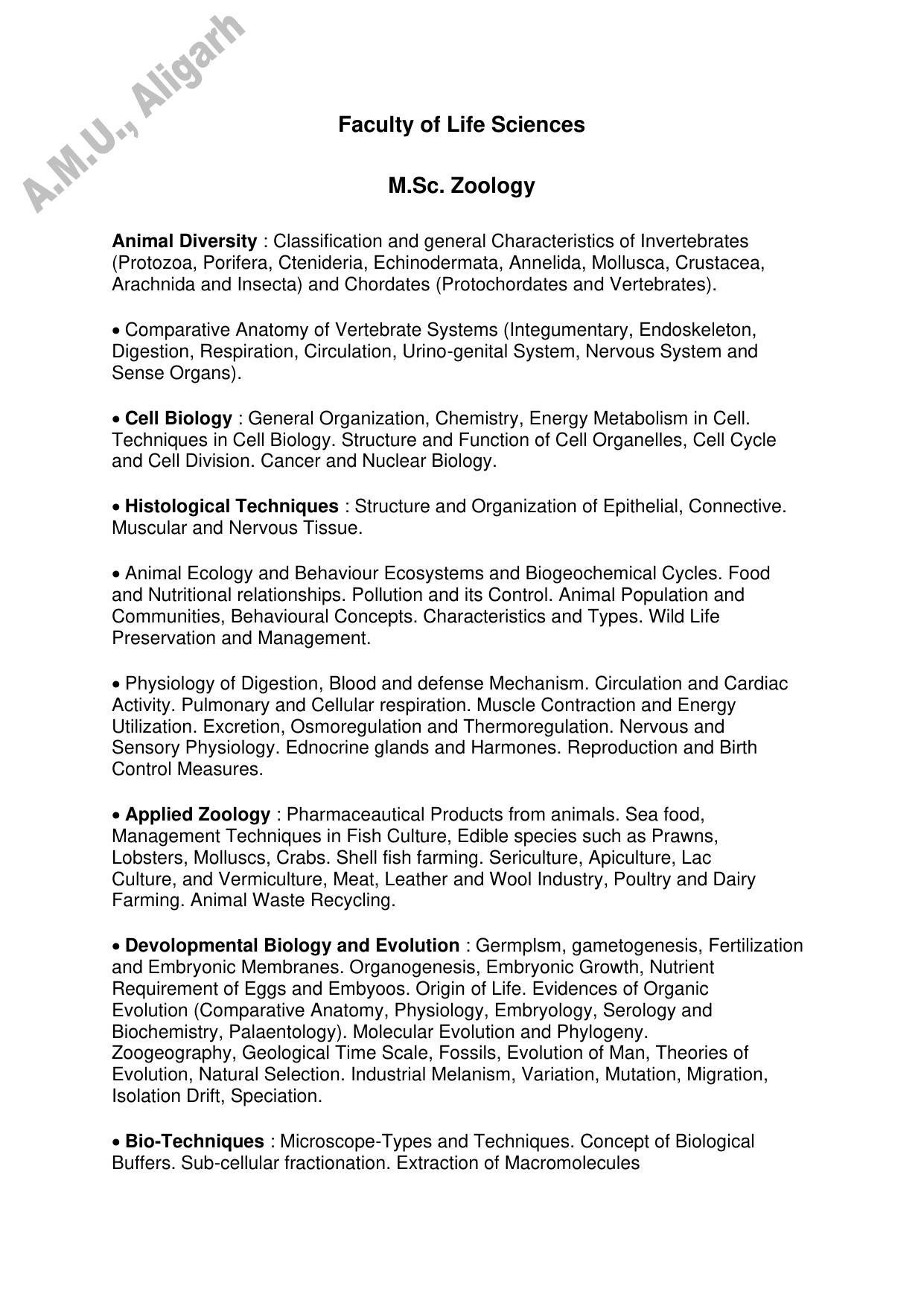 AMU Entrance Exam: M. Sc.(Zoology) Syllabus - Page 1