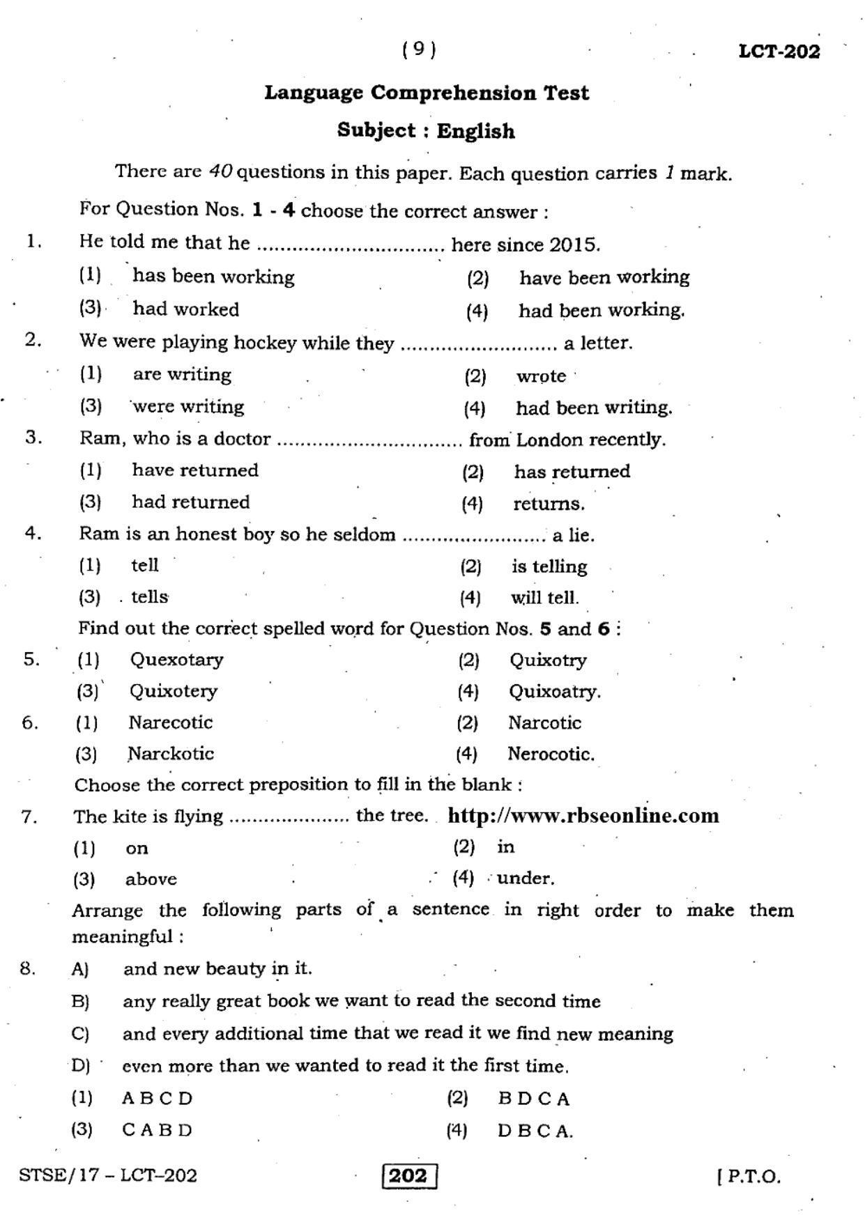 Rajasthan Board PDU-STSE Class 12 (Language Comprehension Test) Question Papers 2017 - Page 9