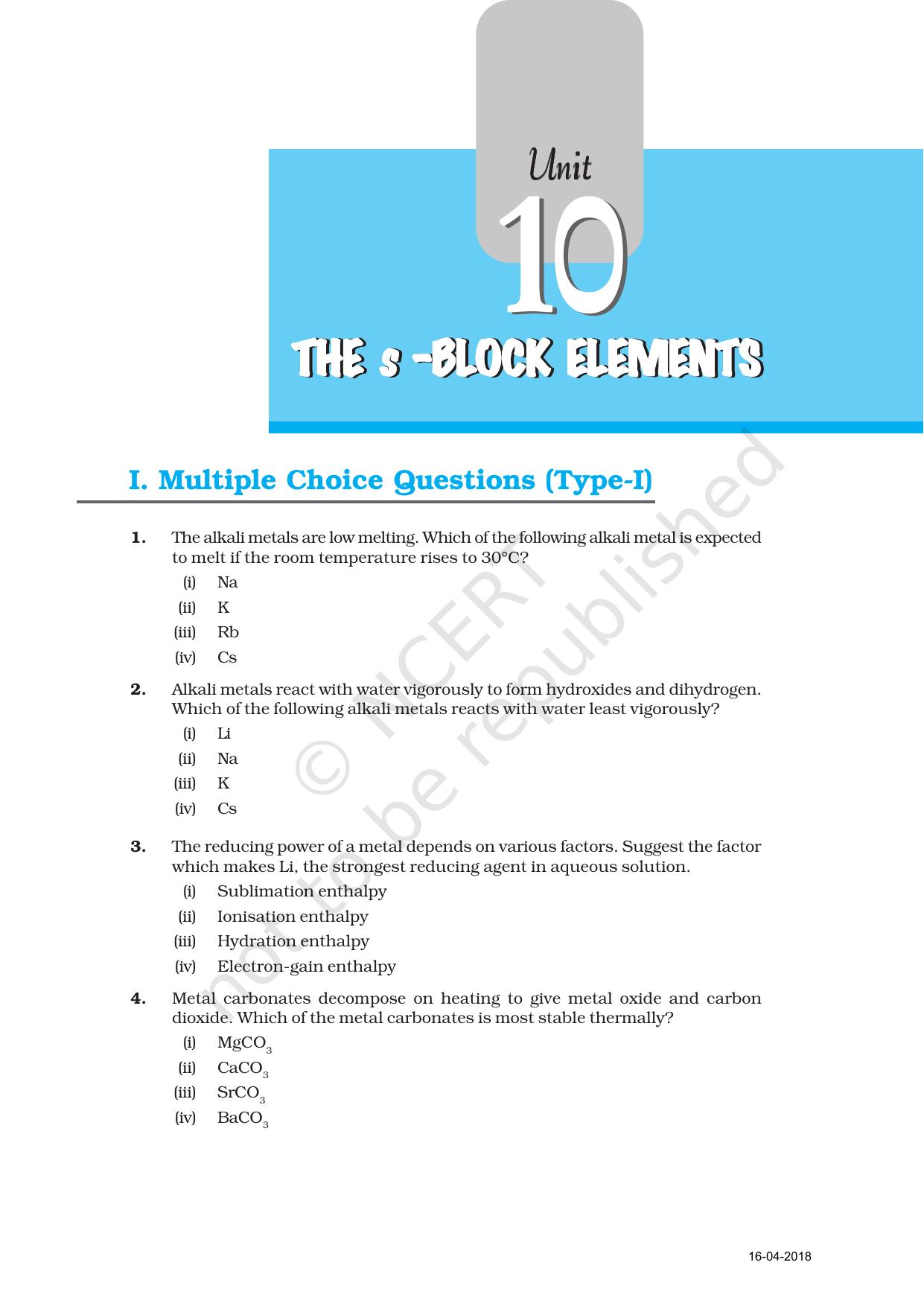 NCERT Exemplar Book for Class 11 Chemistry: Chapter 10 The s-Block Elements - Page 1