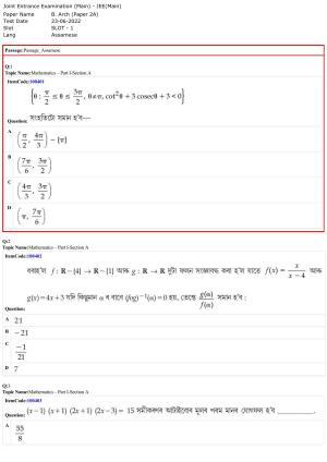 JEE Mains 2022: B Arch & B Planning Assamese (Shift 1) 23-06-2022 Question Paper