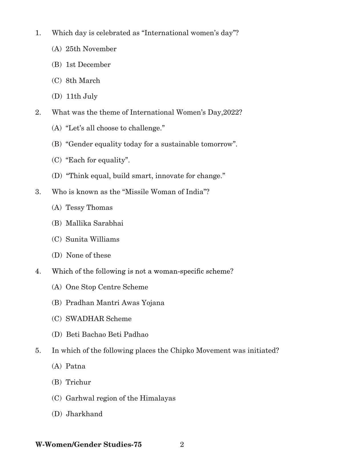 Odisha CPET 2022 GENDER STUDIES Question Paper - Page 2