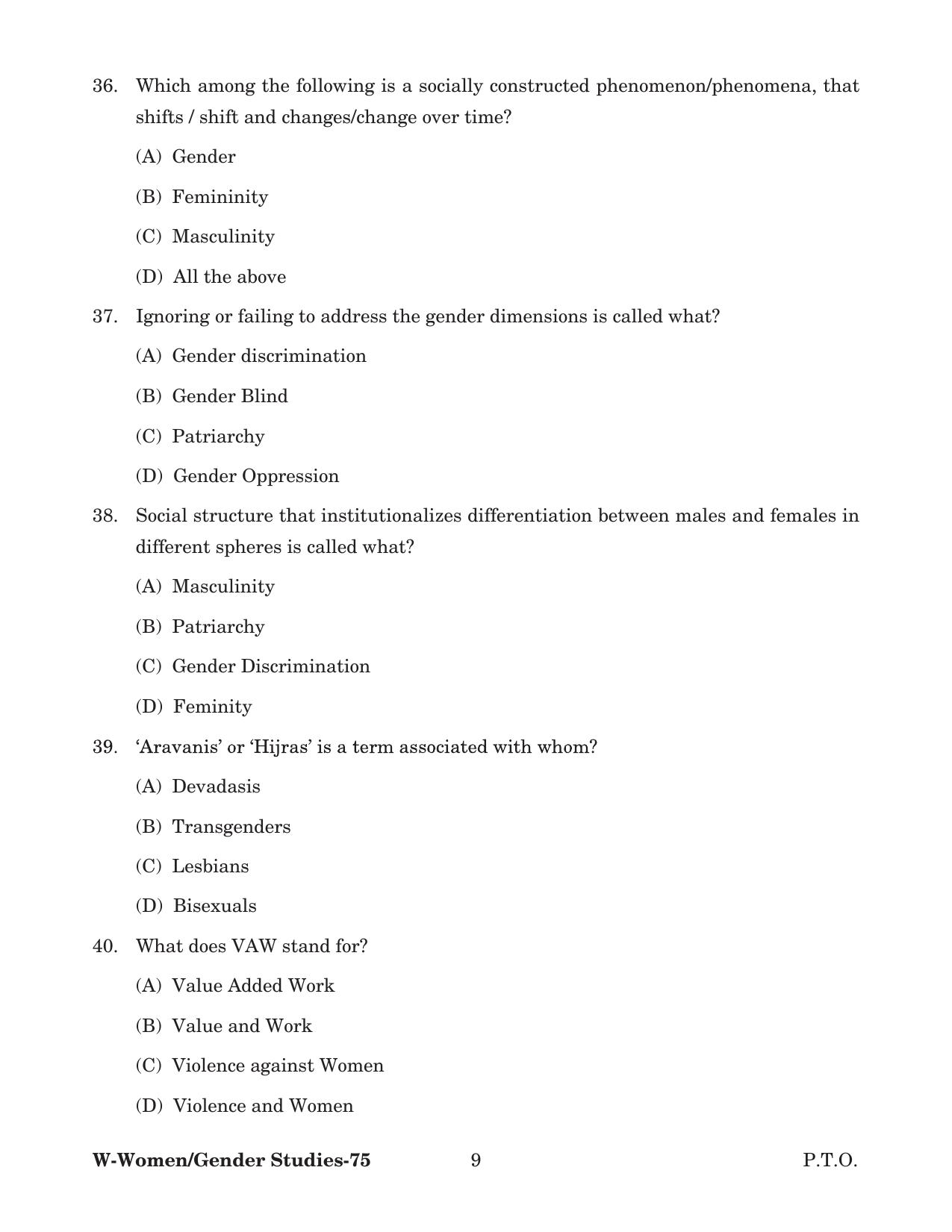 Odisha CPET 2022 GENDER STUDIES Question Paper - Page 9