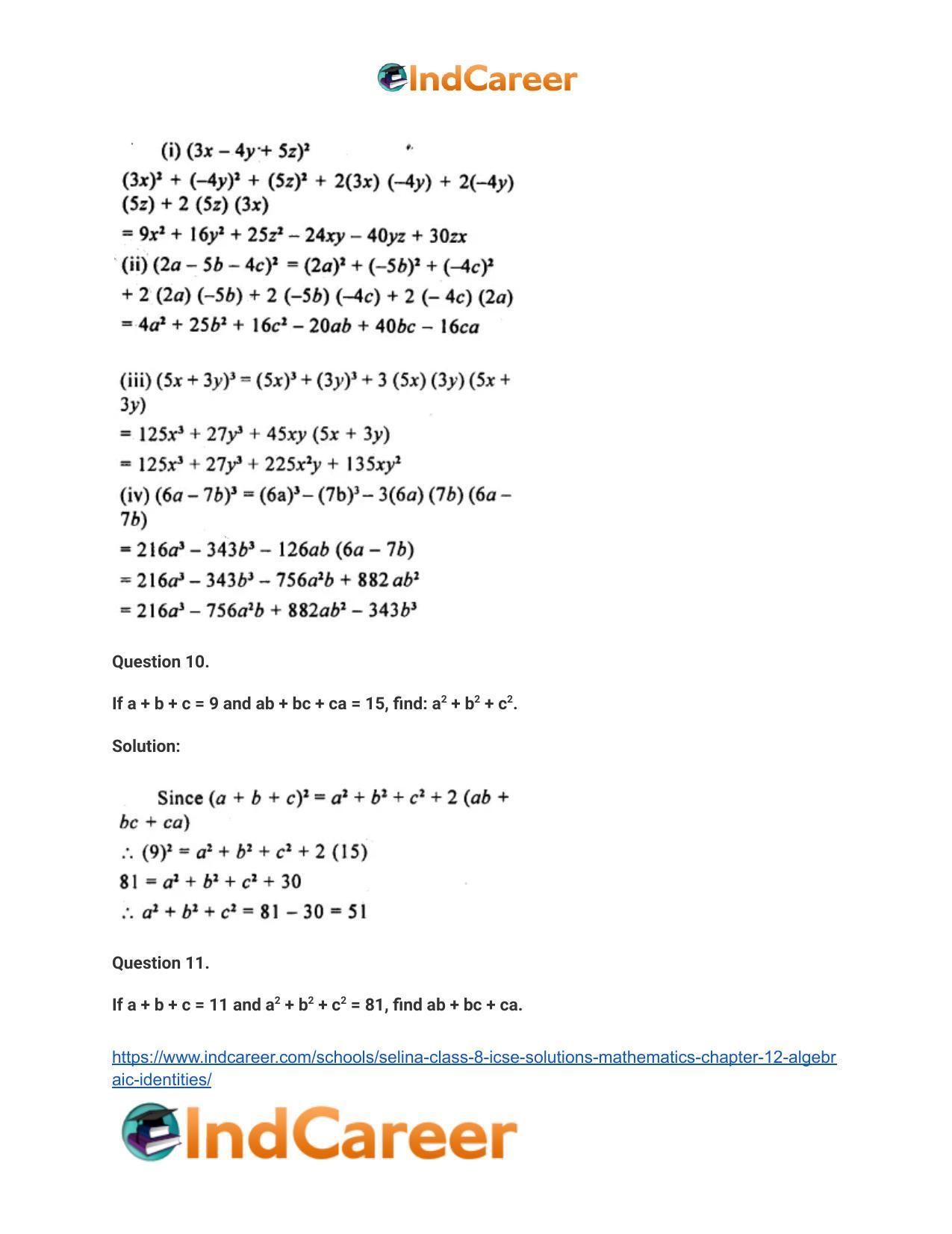 Selina Class 8 ICSE Solutions Mathematics : Chapter 12- Algebraic Identities - Page 52