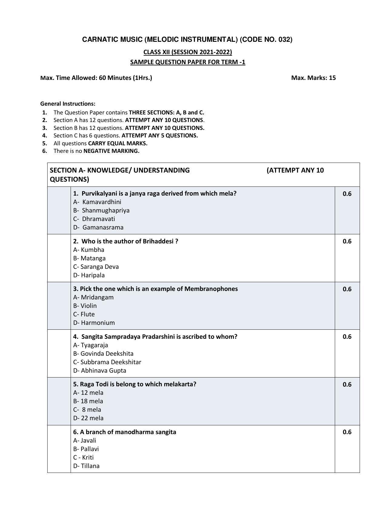 CBSE Class 12th Carnatic Melodic Sample Question Paper 2021-22 - Page 1