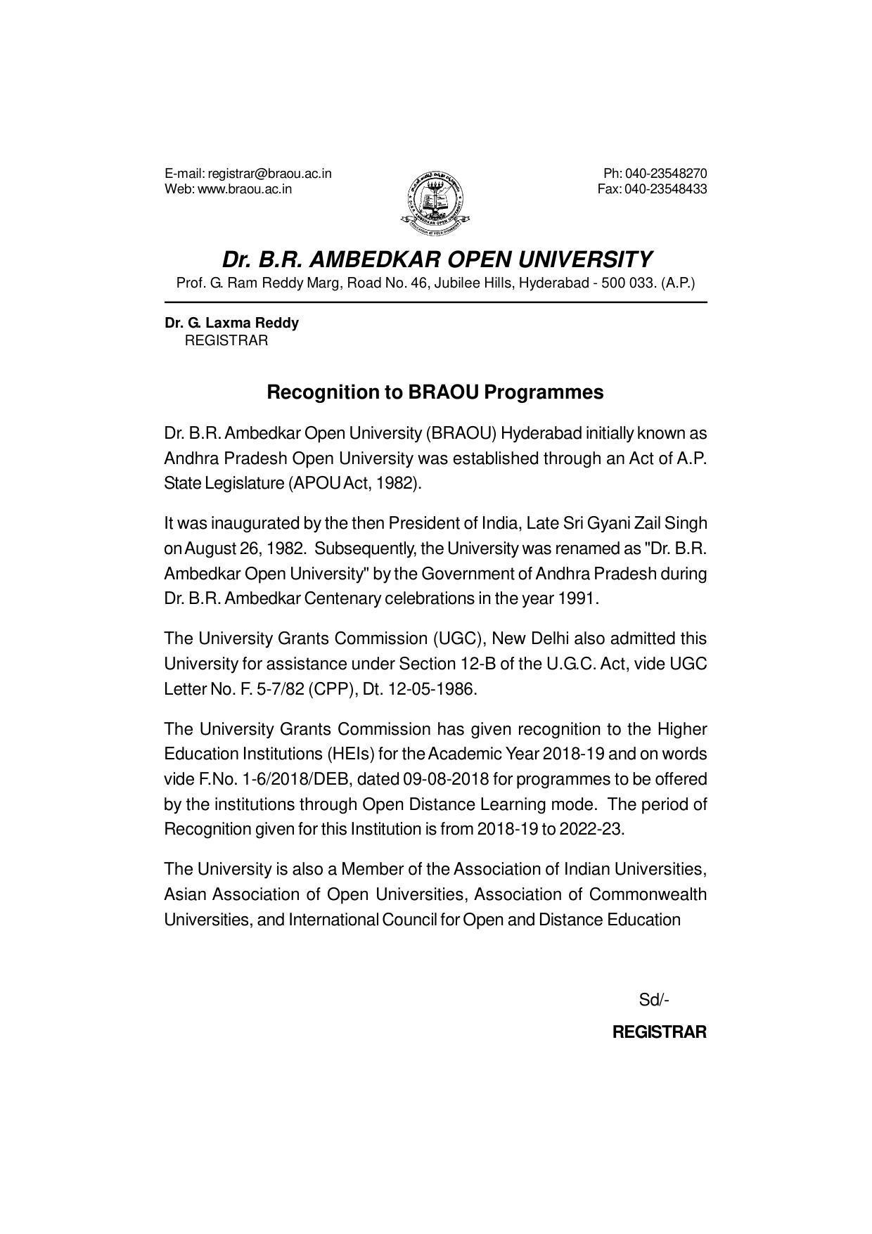 Dr. B.R. Ambedkar Open University (BRAOU) Hyderabad UG Prospectus - Page 1