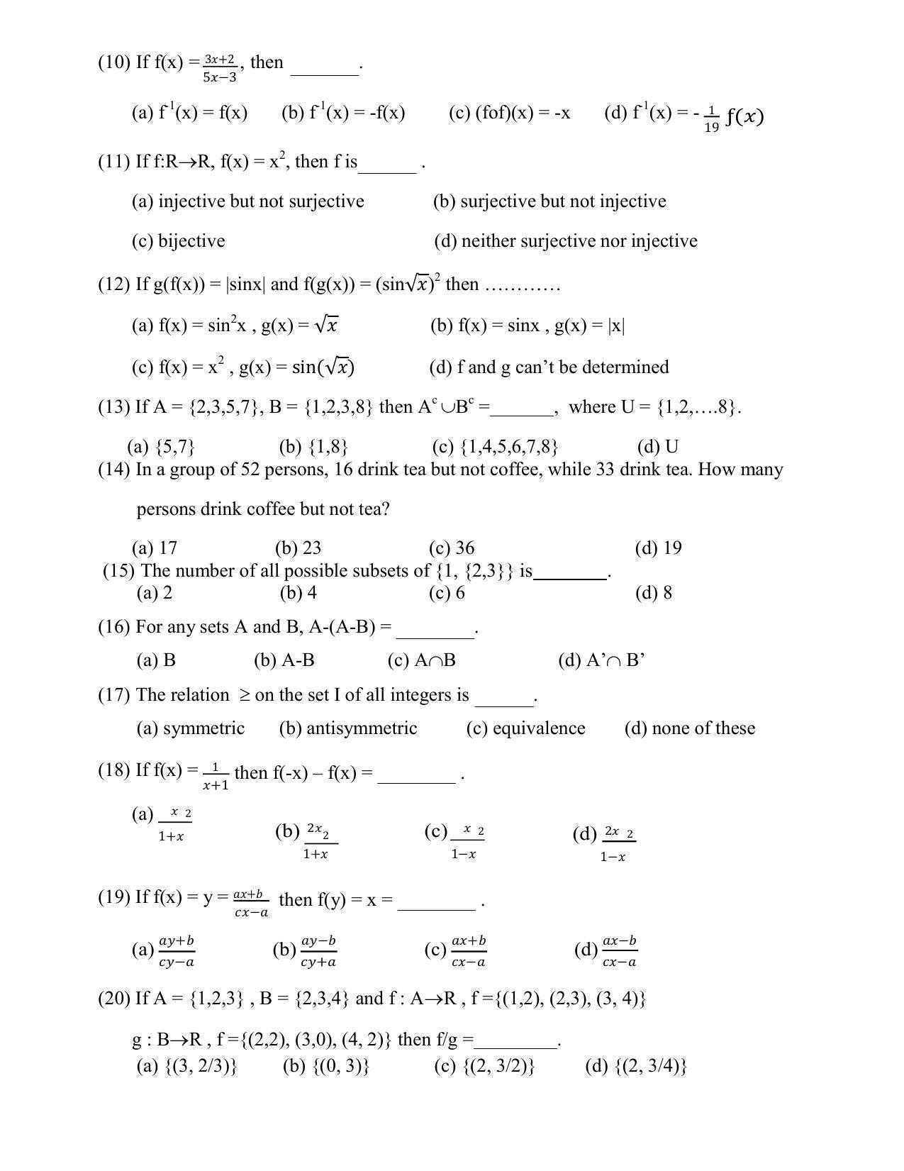 Hemchand North Gujarat University Sample Paper July-Sept 2021: B.Sc Sem -1 Business Mathematics - I : (MCQ Test)Set Theory & Functions Paper Code - 3036(Old / New Course) - Page 2