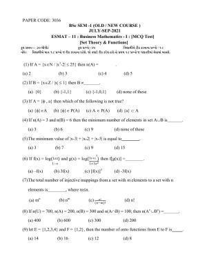 Hemchand North Gujarat University Sample Paper July-Sept 2021: B.Sc Sem -1 Business Mathematics - I : (MCQ Test)Set Theory & Functions  Paper Code - 3036(Old / New Course)
