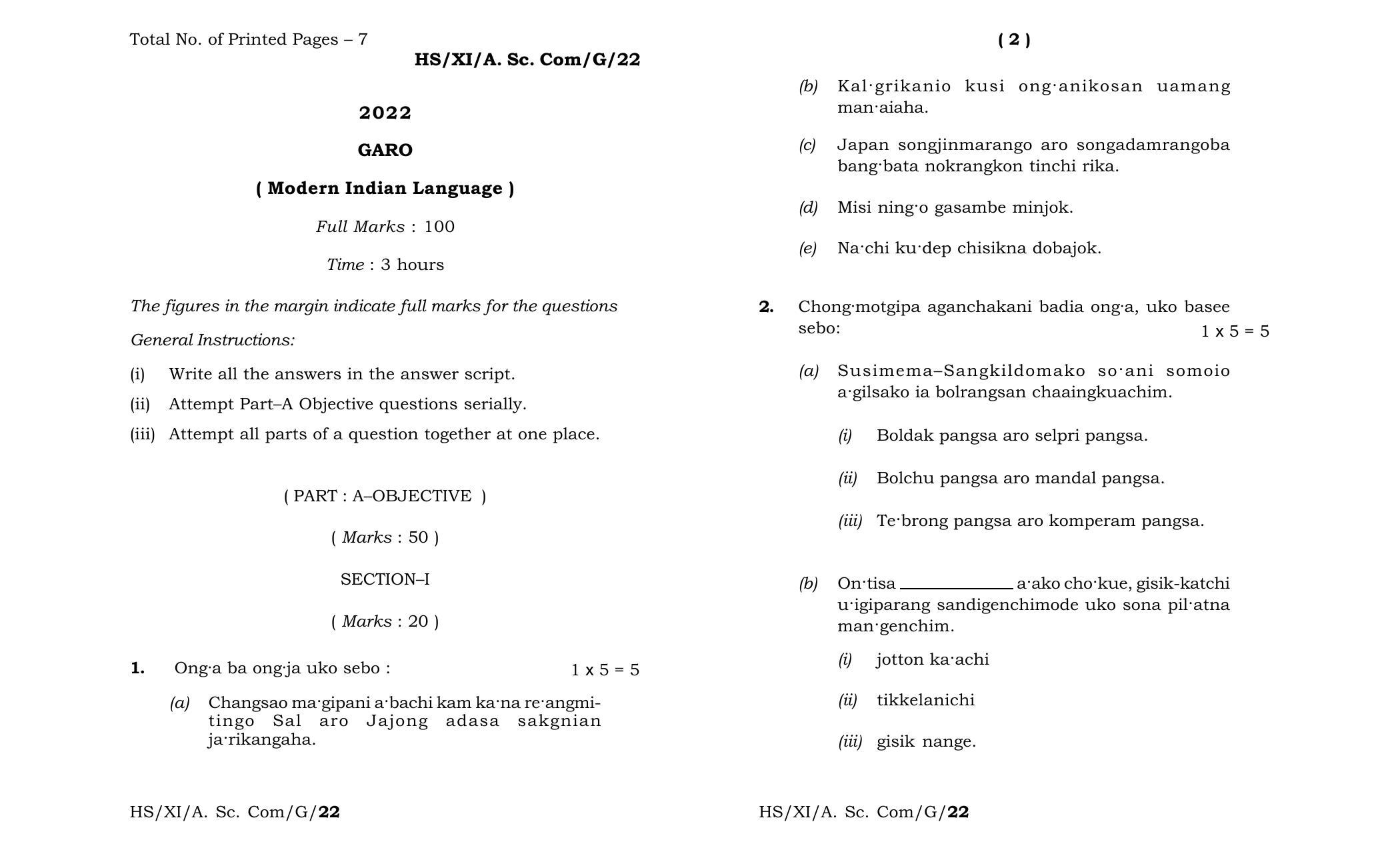 Meghalaya Board (MBOSE) Class 11 Garo MIL (theory) 2022 Question Paper - Page 1