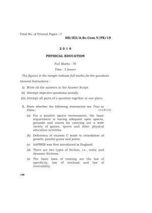 Meghalaya Board (MBOSE) Class 12 PHYSICAL EDUCATION 2019 Question Paper