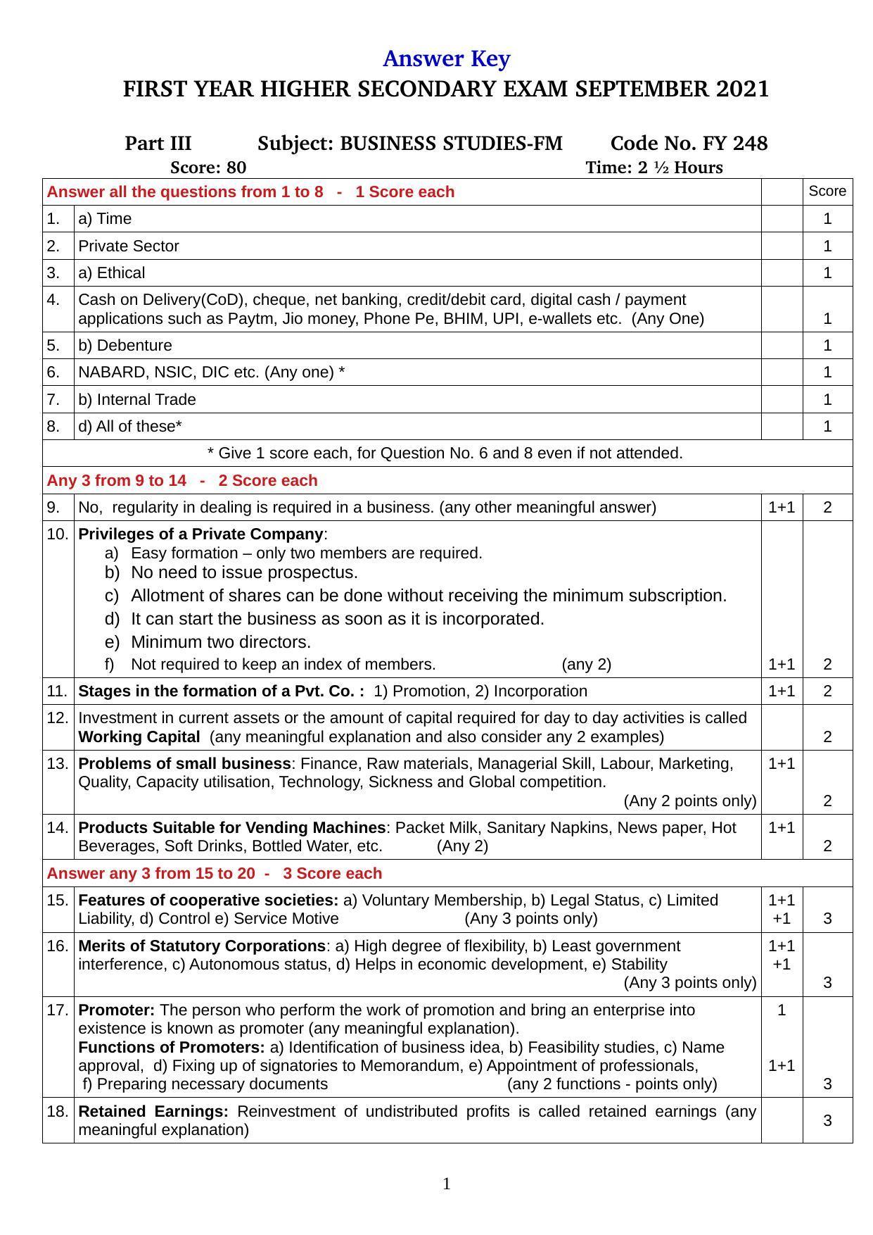 Kerala Plus One (Class 11th) Business Studies Answer Key 2021 - Page 1