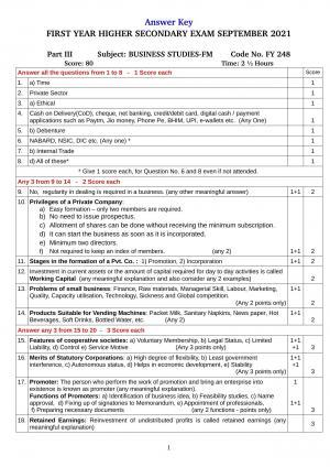Kerala Plus One (Class 11th) Business Studies Answer Key 2021