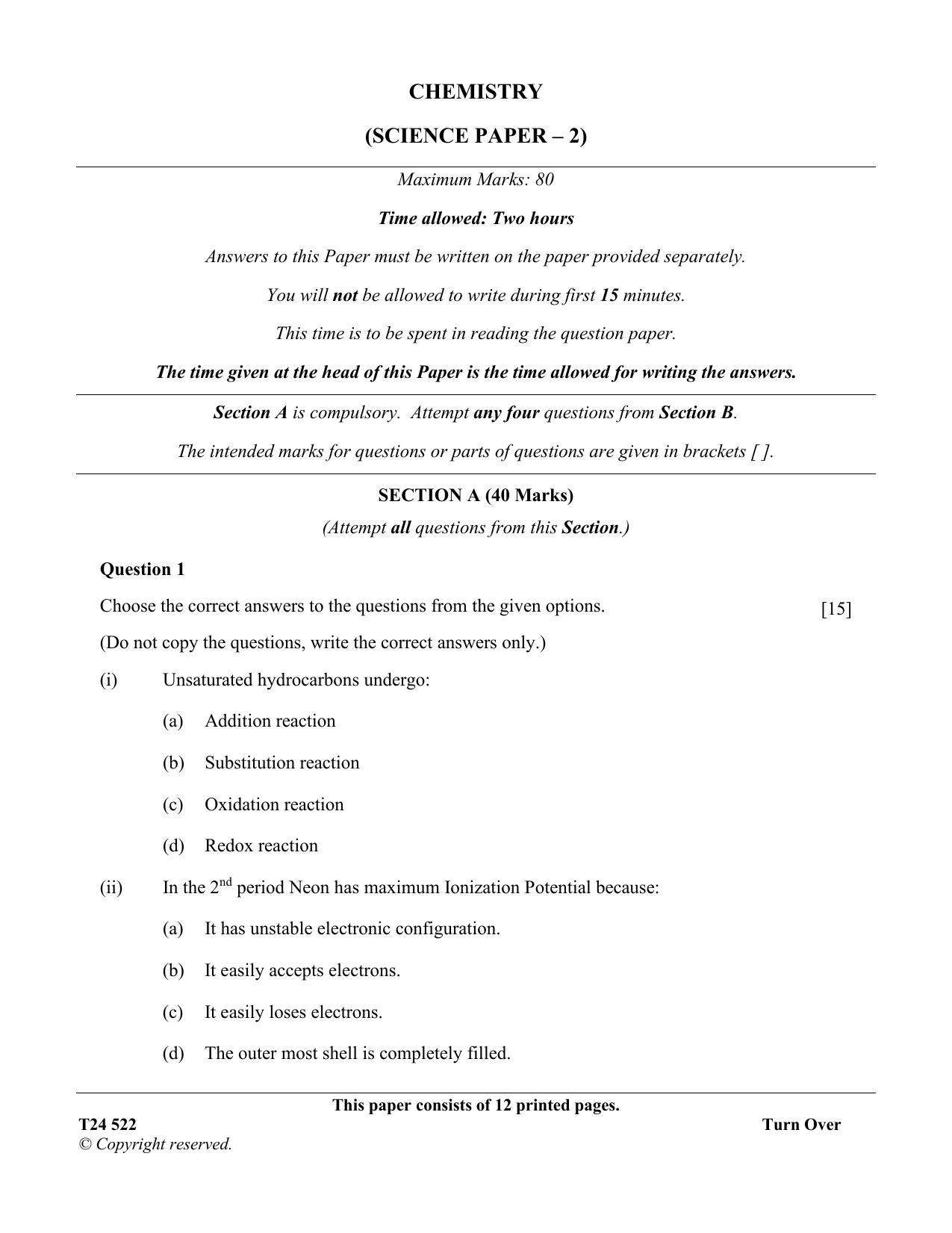 ICSE Class 10 Chemistry 2024 Question Paper - Page 1