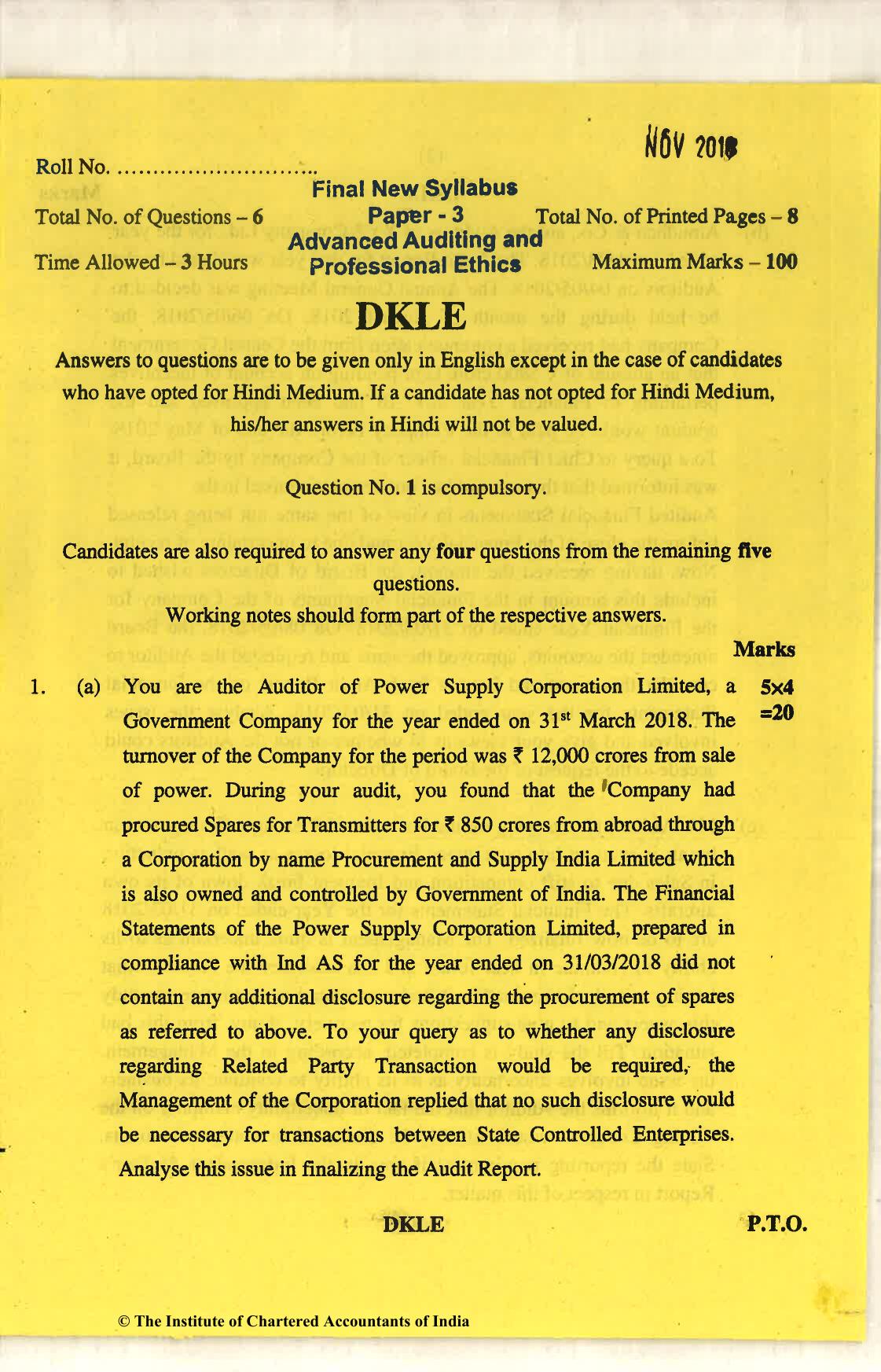 CA Final Nov 2018 Question Paper - Paper 3 – Advanced Auditing and Professional Ethics - Page 1
