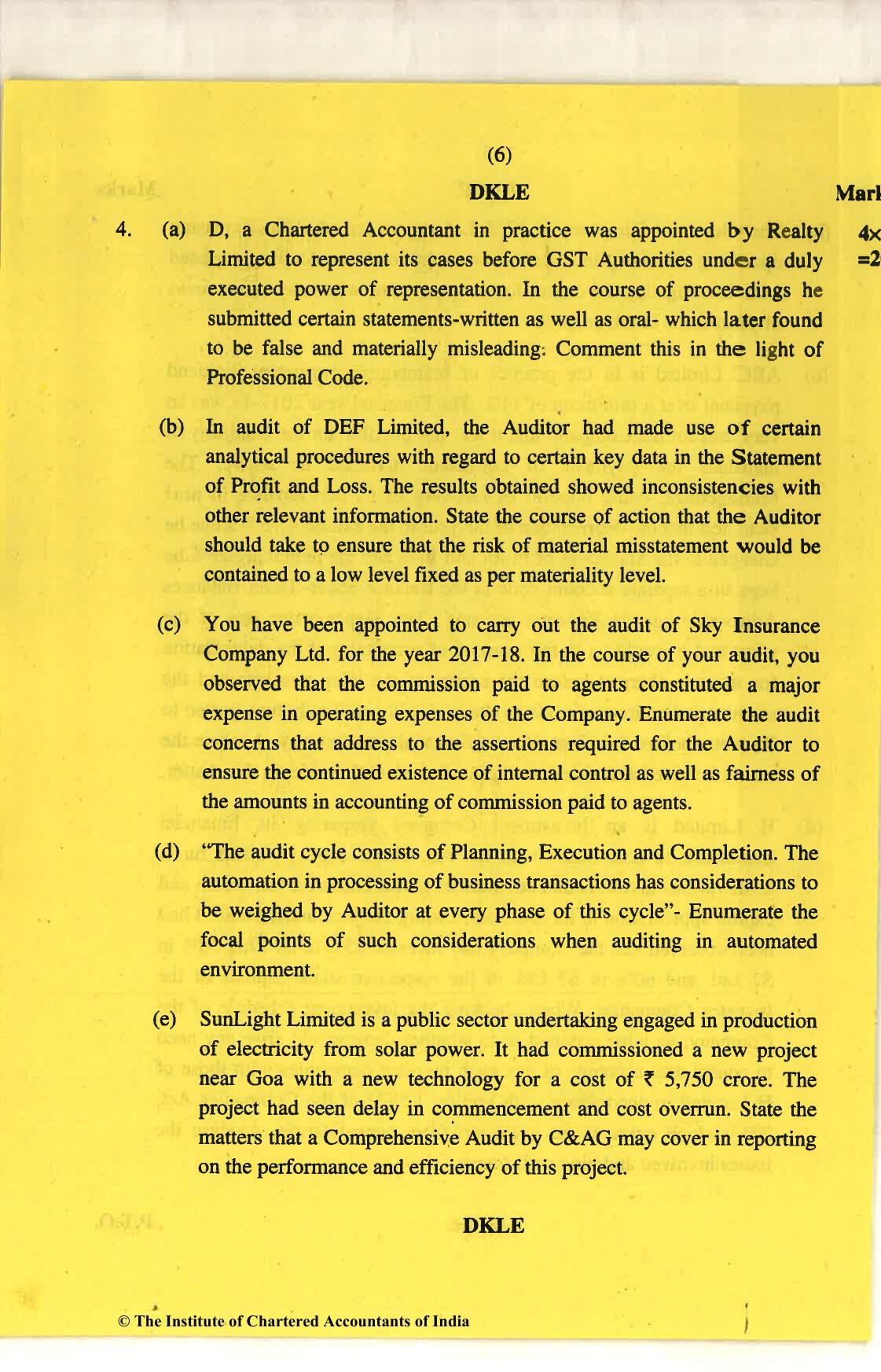 CA Final Nov 2018 Question Paper - Paper 3 – Advanced Auditing and Professional Ethics - Page 6