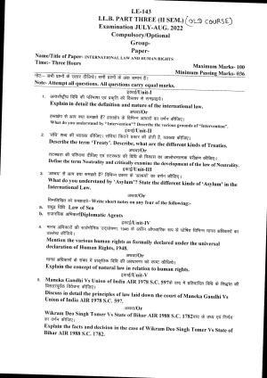 Bilaspur University Question Paper July 2022: LL.B. Part Three (II Sem.) International Law And Human Rights Paper 1
