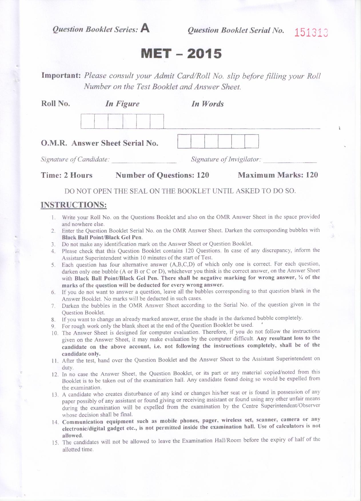 PU MET 2015 Question Booklet with Key - Page 1