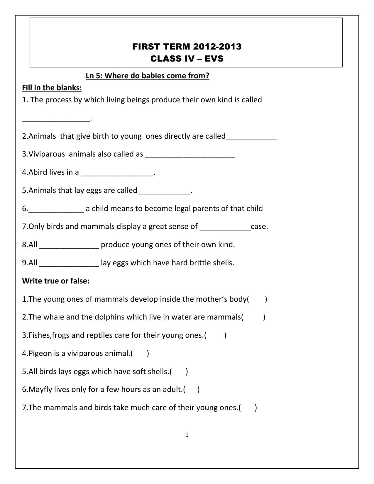 Worksheet for Class 4 Environmental Studies Where do Babies Come From Assignment - Page 1