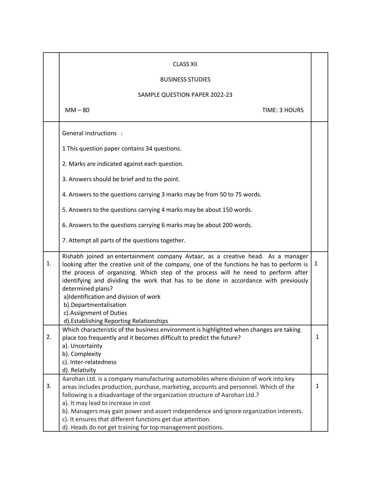 CBSE Class 12 Business Studies Sample Paper 2023 - Page 1