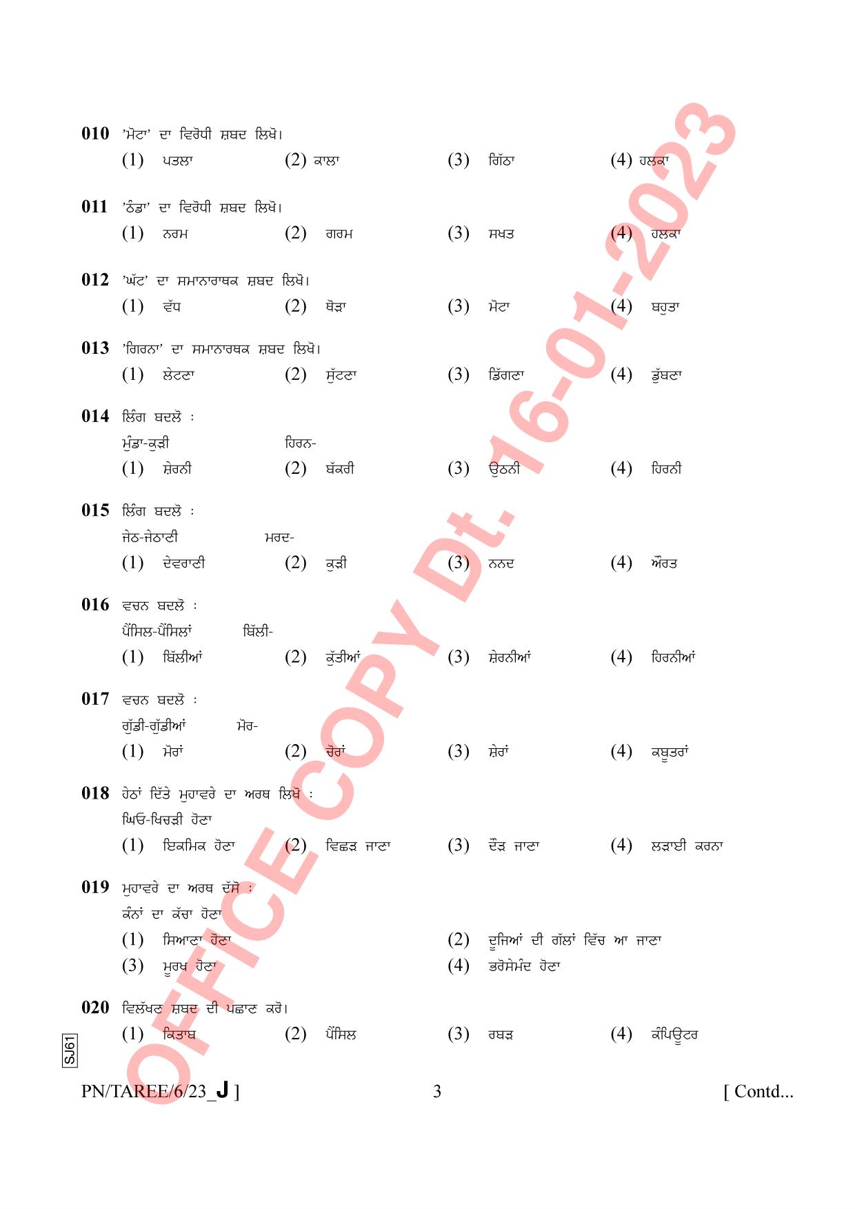AISSEE Class VI Punjabi Set J 2023 Question Paper - Page 3