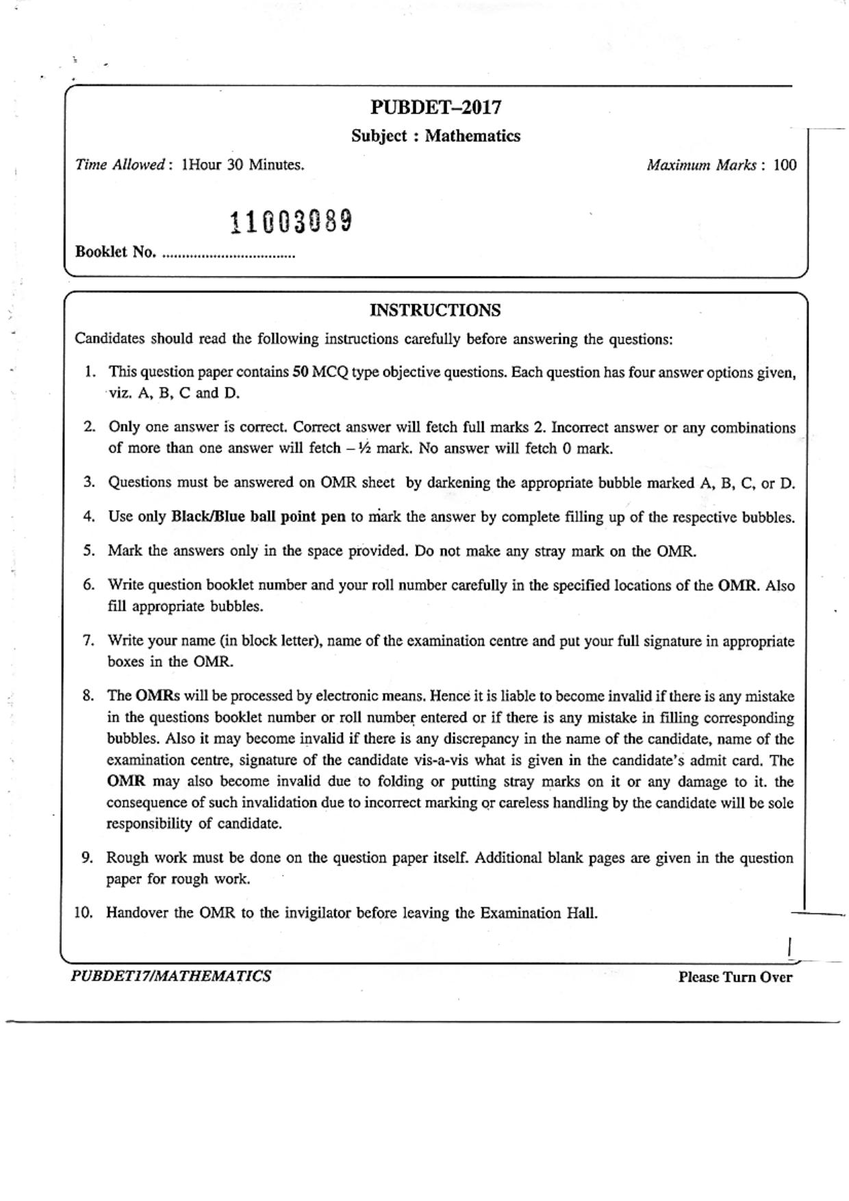 PUBDET 2017 Mathematics Question Papers - Page 1