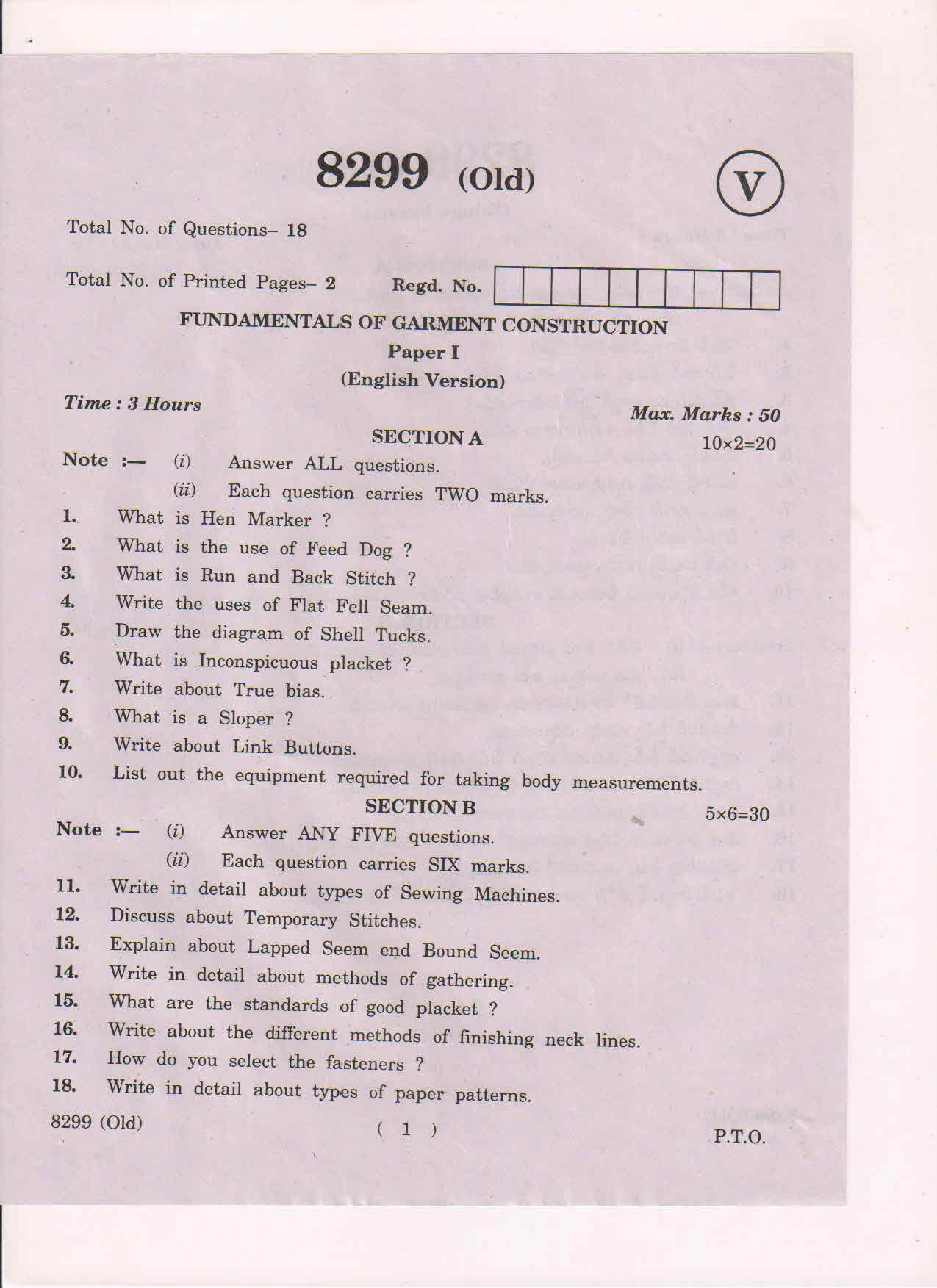 AP Inter 1st Year Fundamentals of Garment Construction-I (Old) March-2019-Vocational Question Paper - Page 1