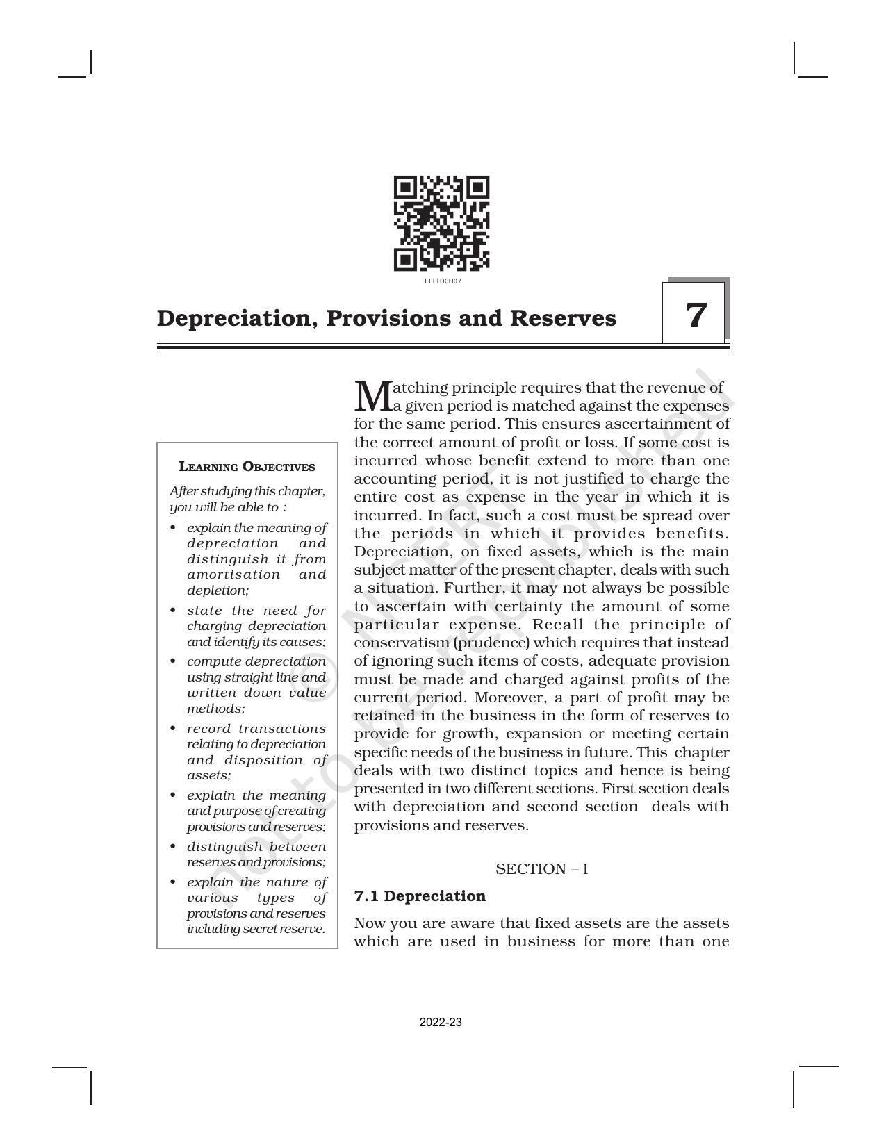 NCERT Book for Class 11 Accountancy (Part-I) Chapter 7 Depreciation, Provisions, and Reserves - Page 1