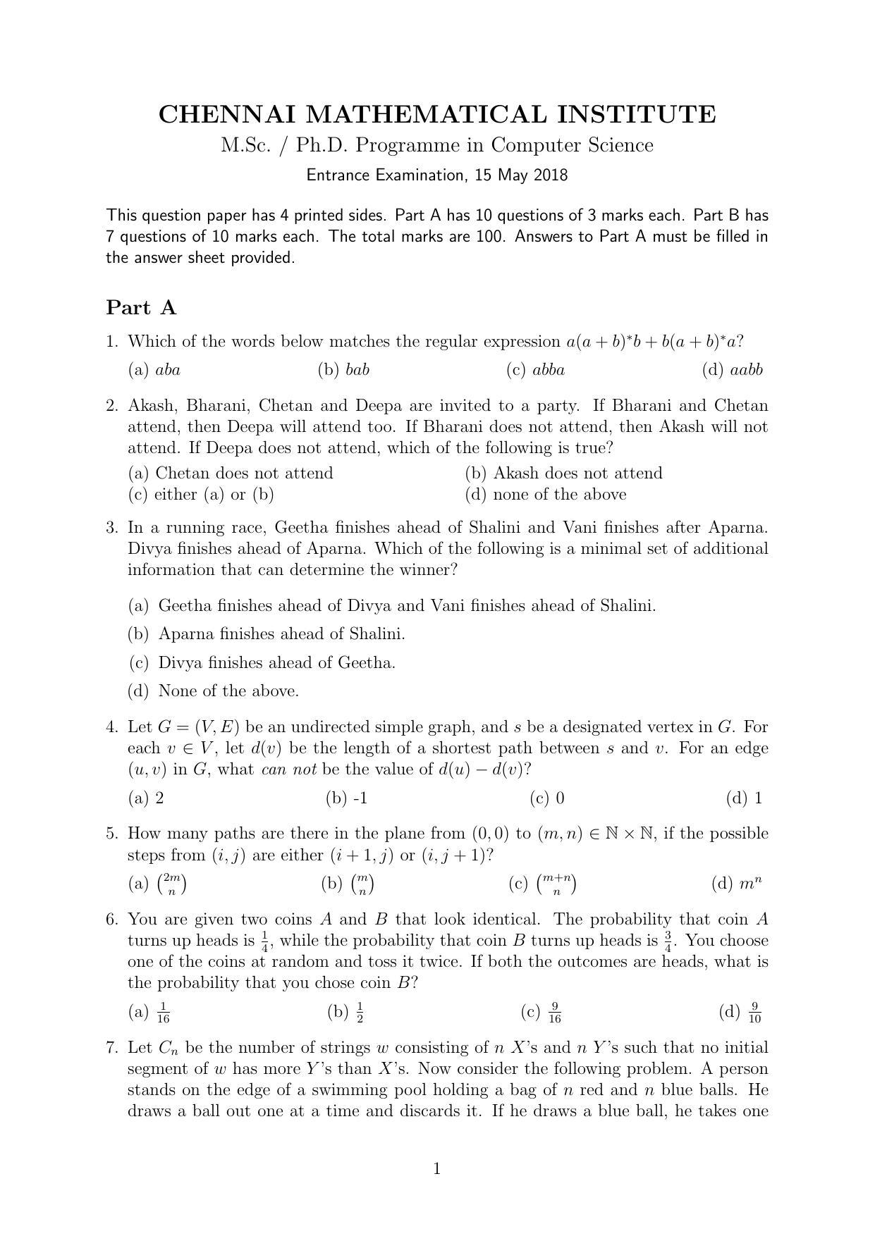 CMI Entrance Exam 2018 Question Paper MSc/PhD Computer Science - Page 1
