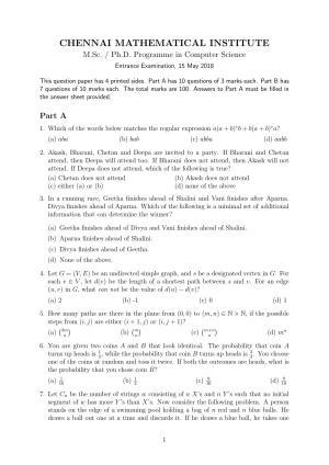 CMI Entrance Exam 2018 Question Paper MSc/PhD Computer Science