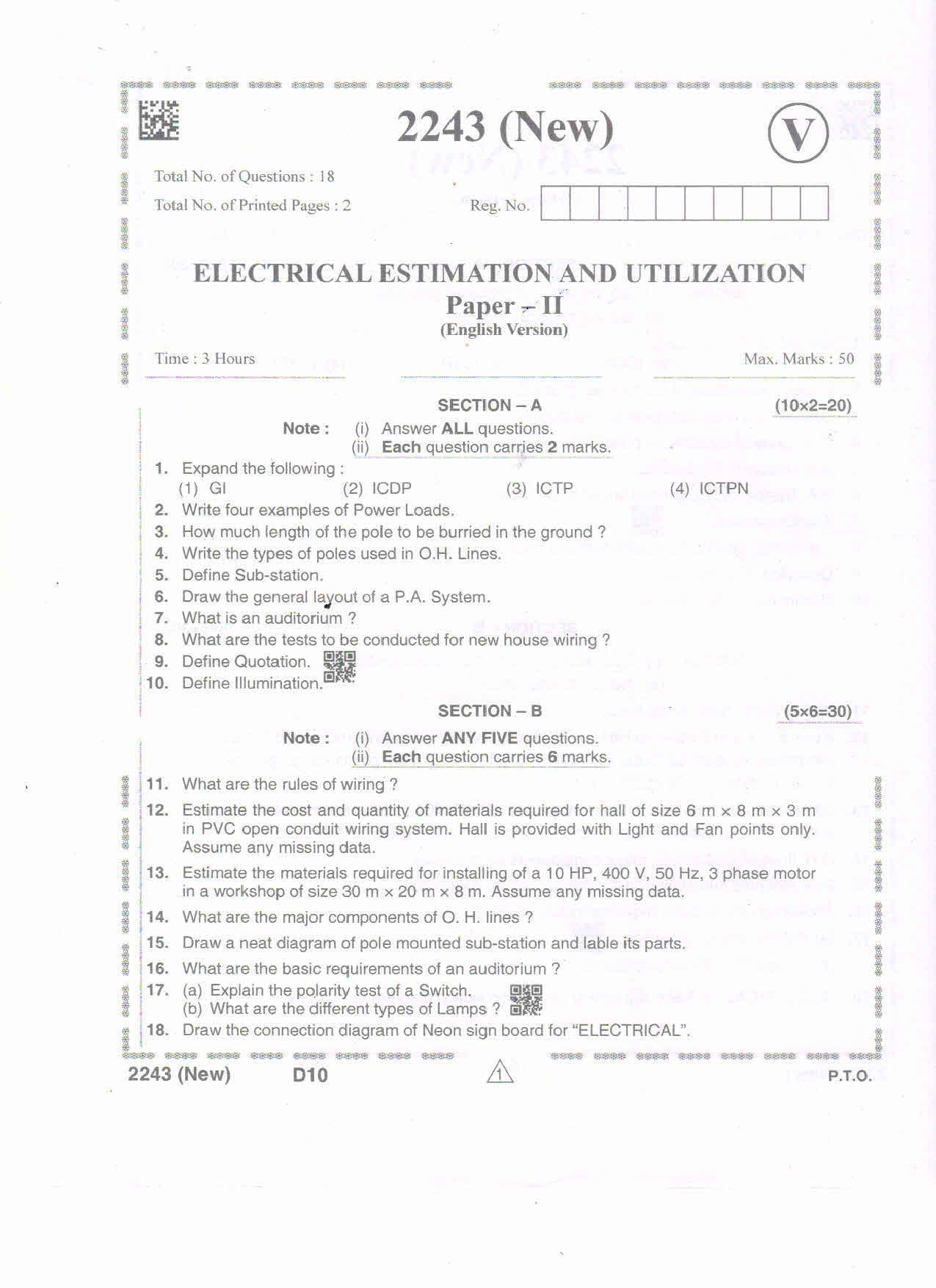 AP Intermediate 2nd Year Vocational Question Paper September-2021- Electrical_Estimation&Utilization-II - Page 1