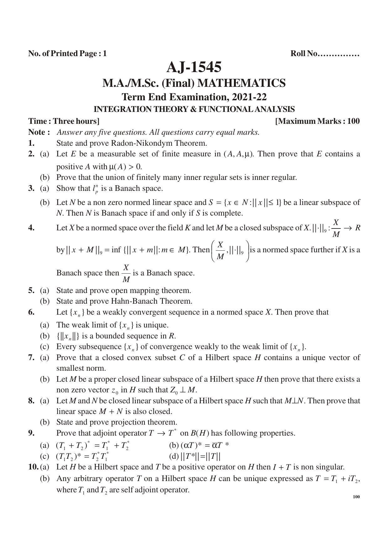 Bilaspur University Question Paper 2021-2022:M.A (Final) Mathematics Integration Theory And Functional Analysis Paper 1 - Page 1