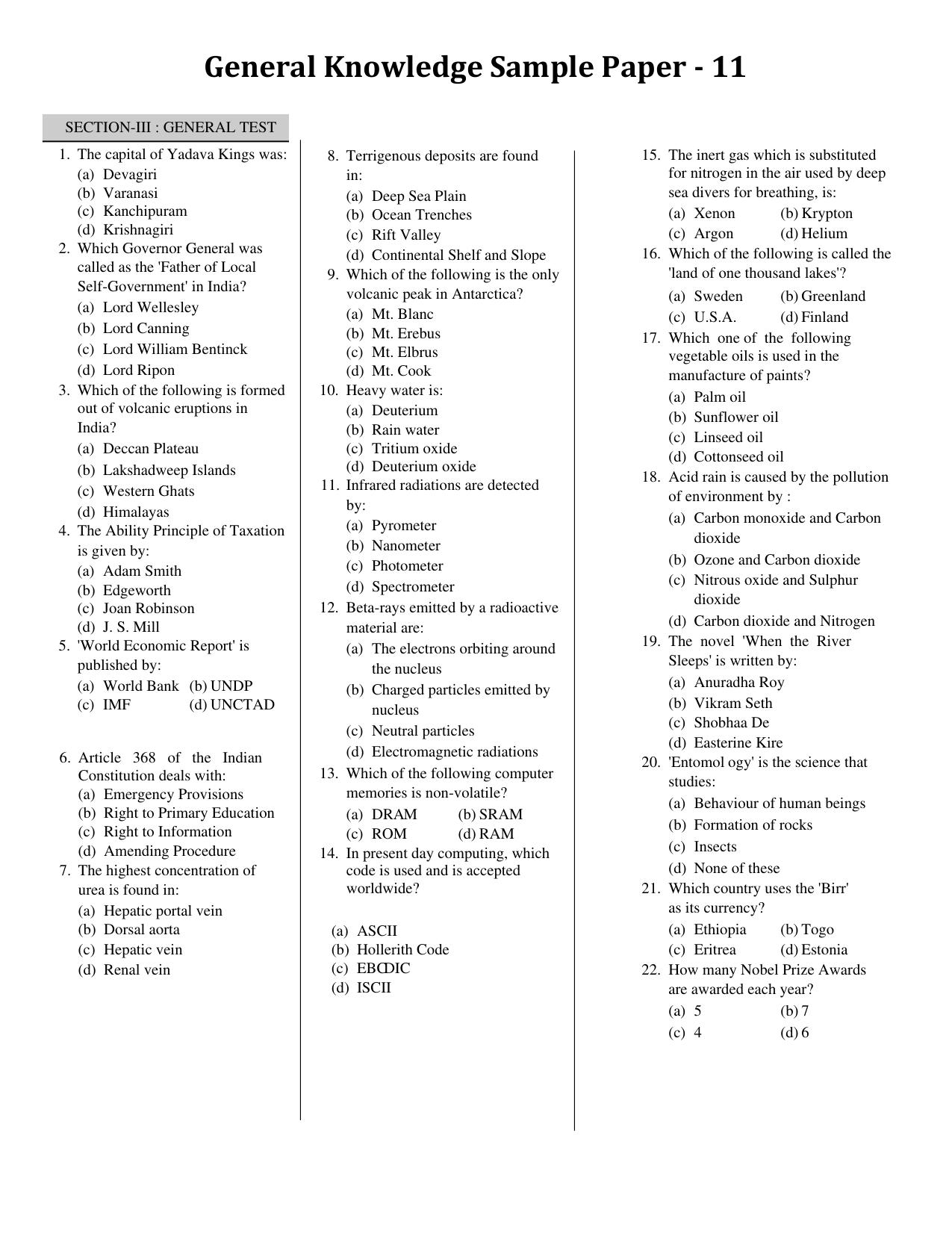 CUET General Knowledge Sample Paper 11 - Page 1