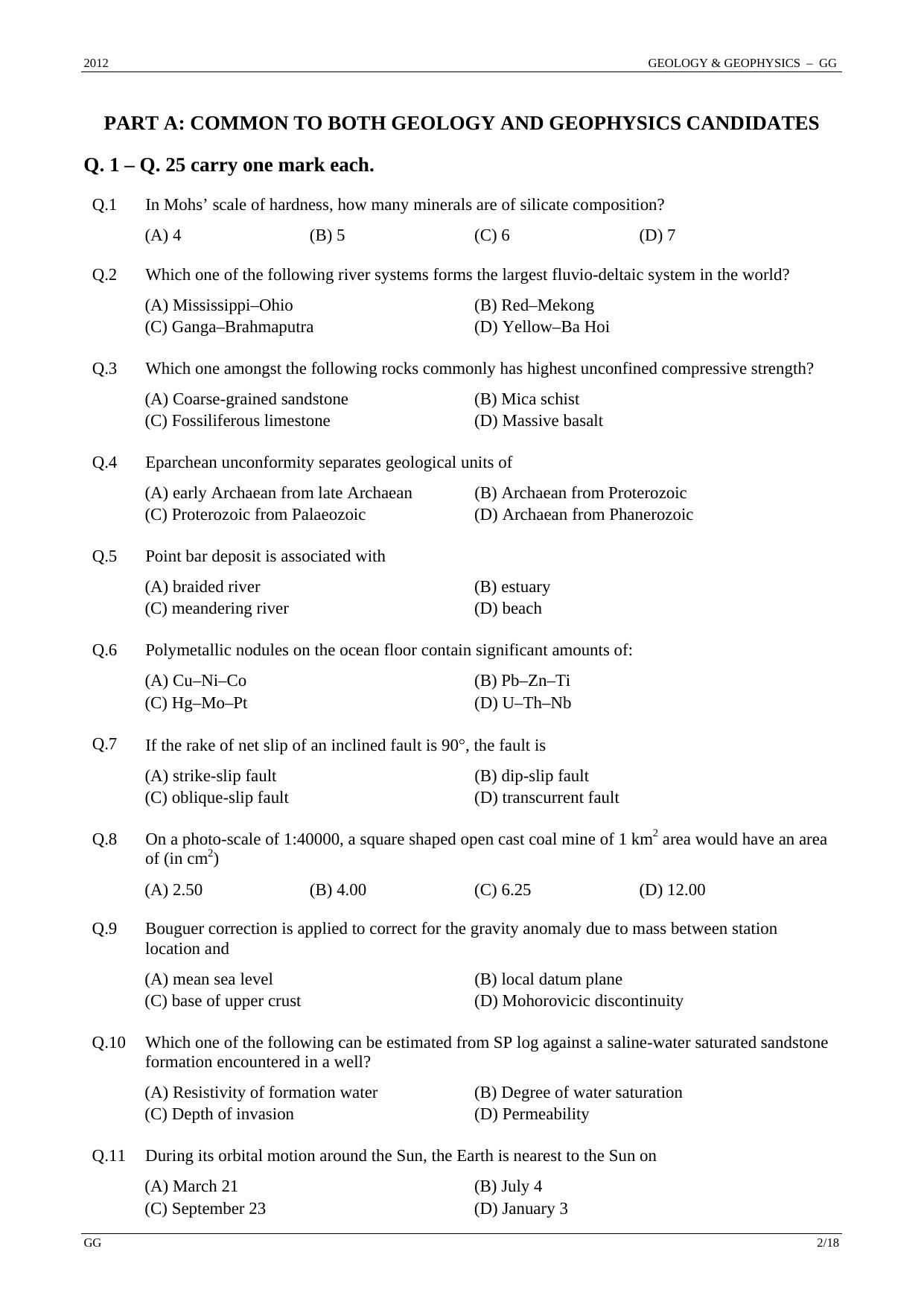 GATE 2012 Geology and Geophysics (GG) Question Paper with Answer Key - Page 2
