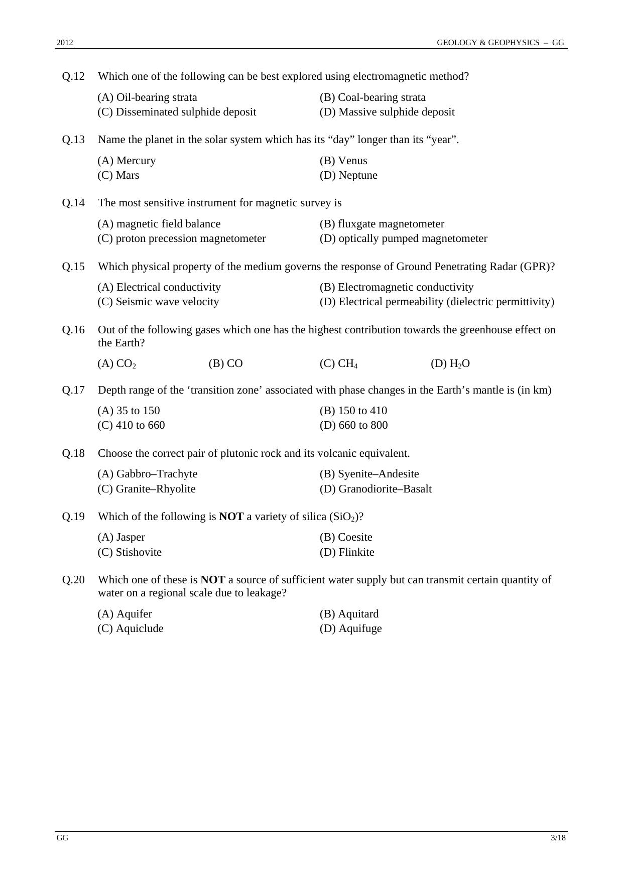 GATE 2012 Geology and Geophysics (GG) Question Paper with Answer Key - Page 3