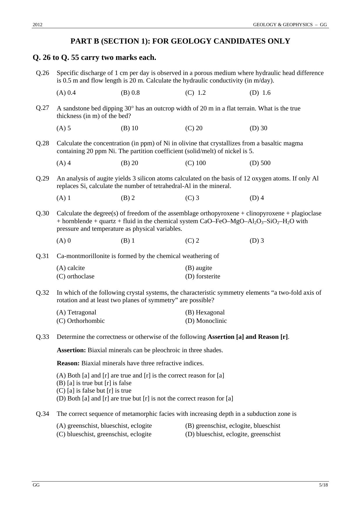 GATE 2012 Geology and Geophysics (GG) Question Paper with Answer Key - Page 5