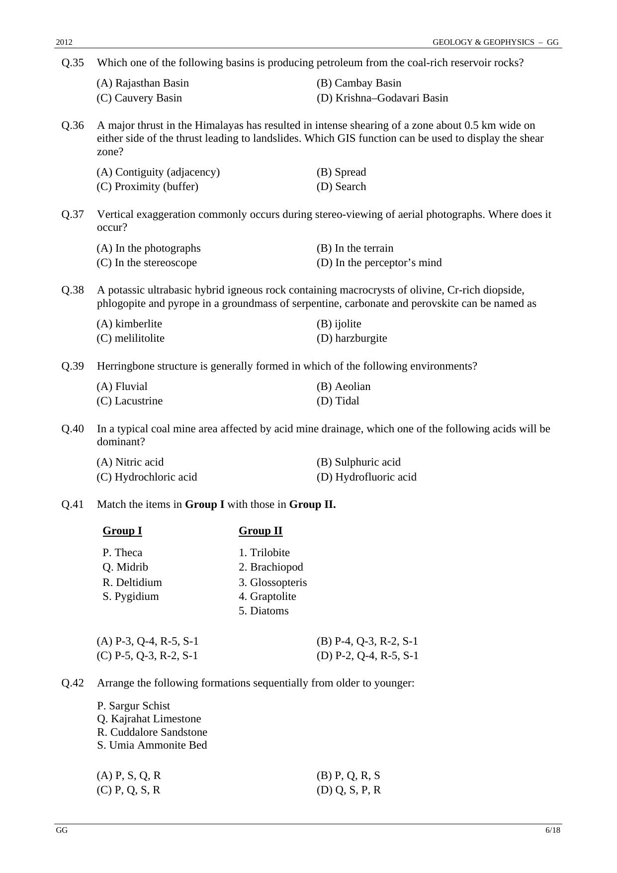 GATE 2012 Geology and Geophysics (GG) Question Paper with Answer Key - Page 6
