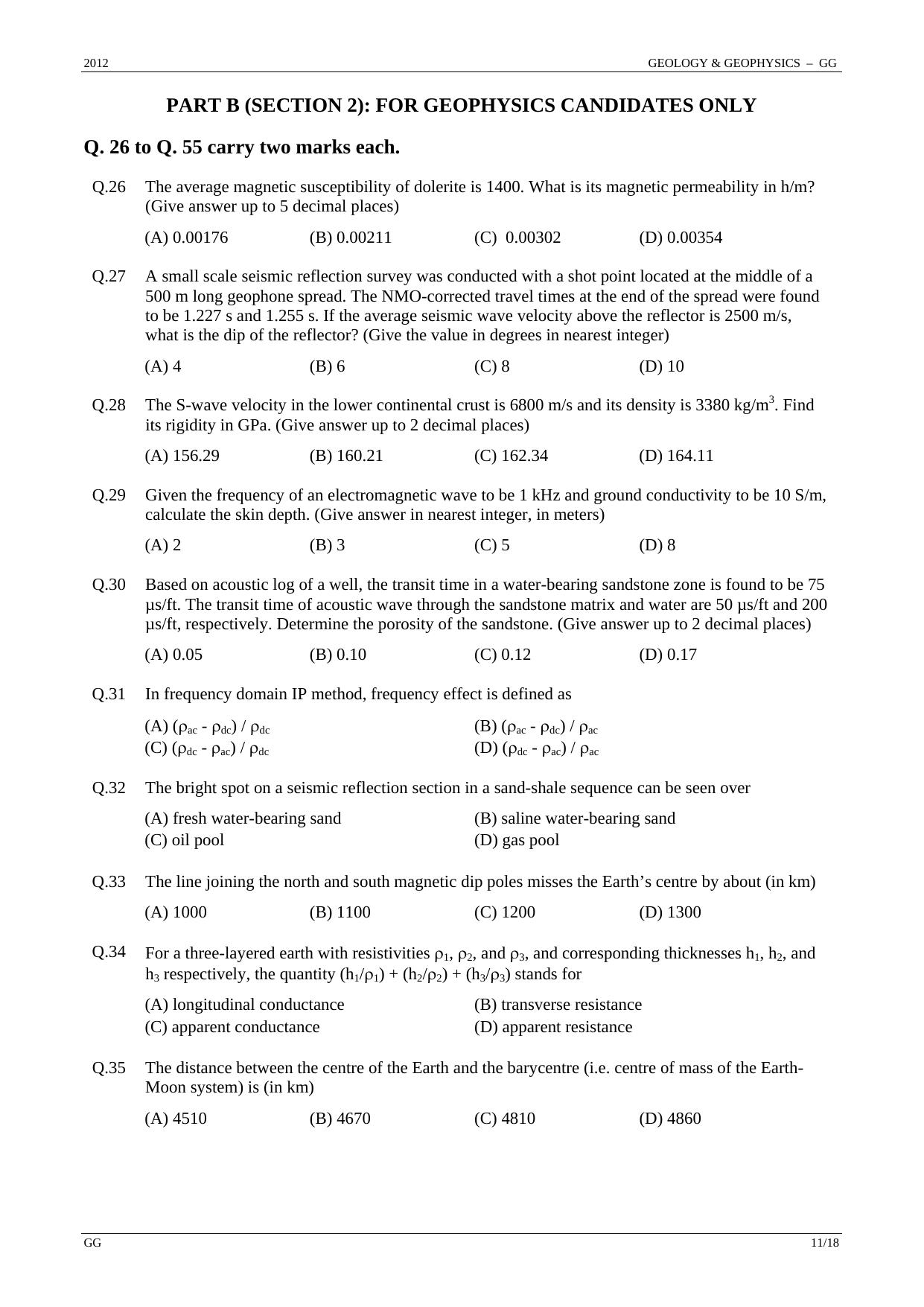 GATE 2012 Geology and Geophysics (GG) Question Paper with Answer Key - Page 11