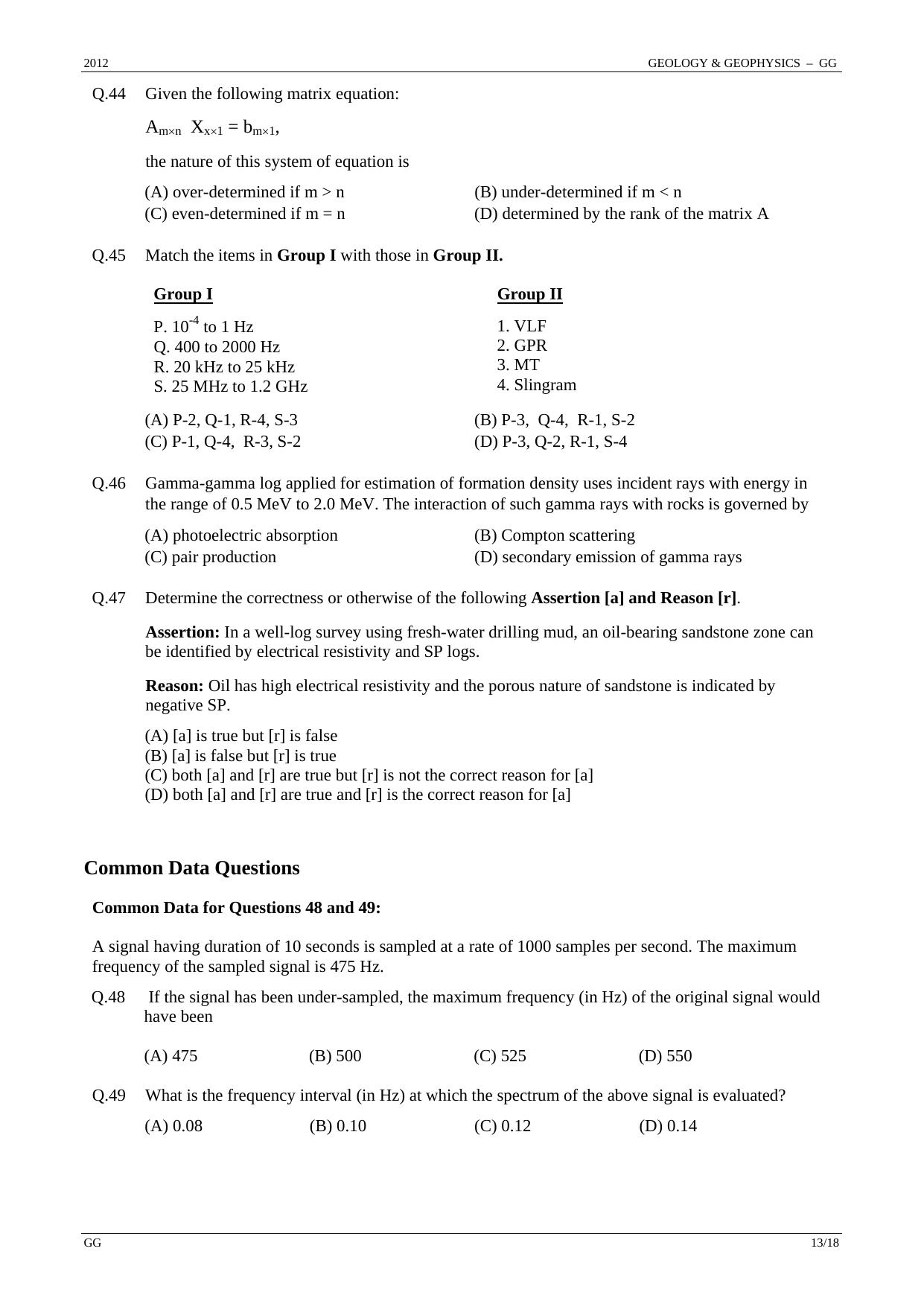 GATE 2012 Geology and Geophysics (GG) Question Paper with Answer Key - Page 13