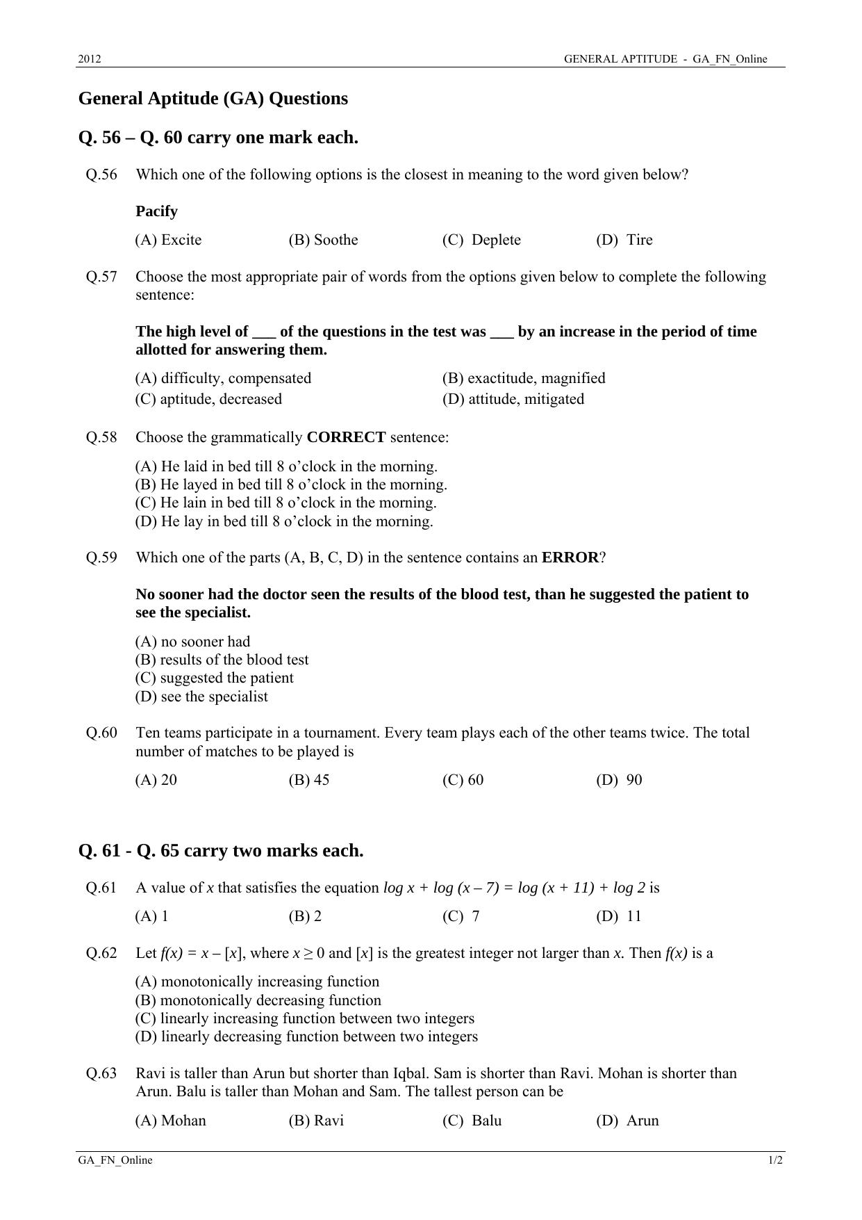GATE 2012 Geology and Geophysics (GG) Question Paper with Answer Key - Page 15