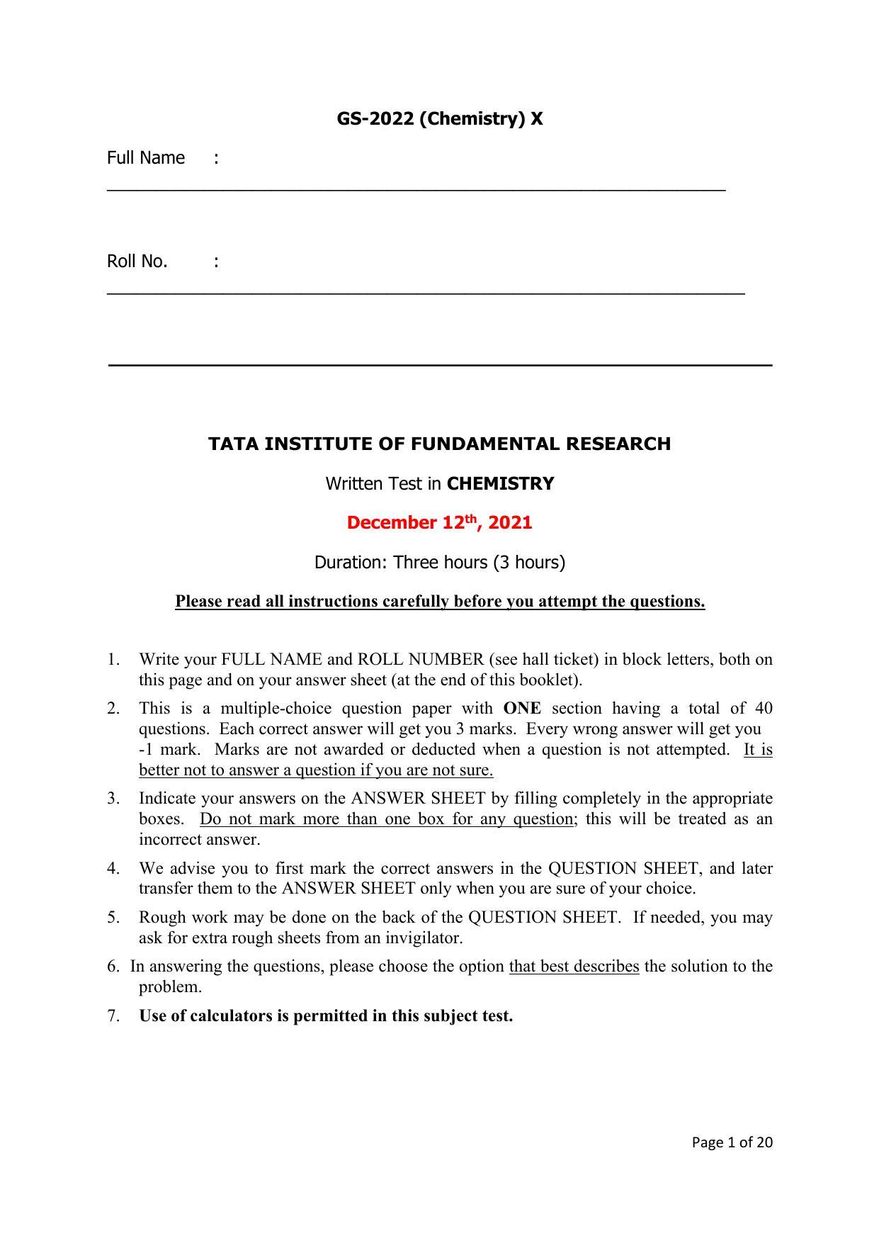 TIFR GS 2022 Chemistry Question Paper - Page 1