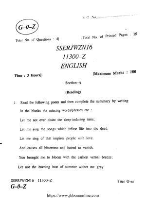 JKBOSE Class 12 English Question Papers 2016 (11300-Z)