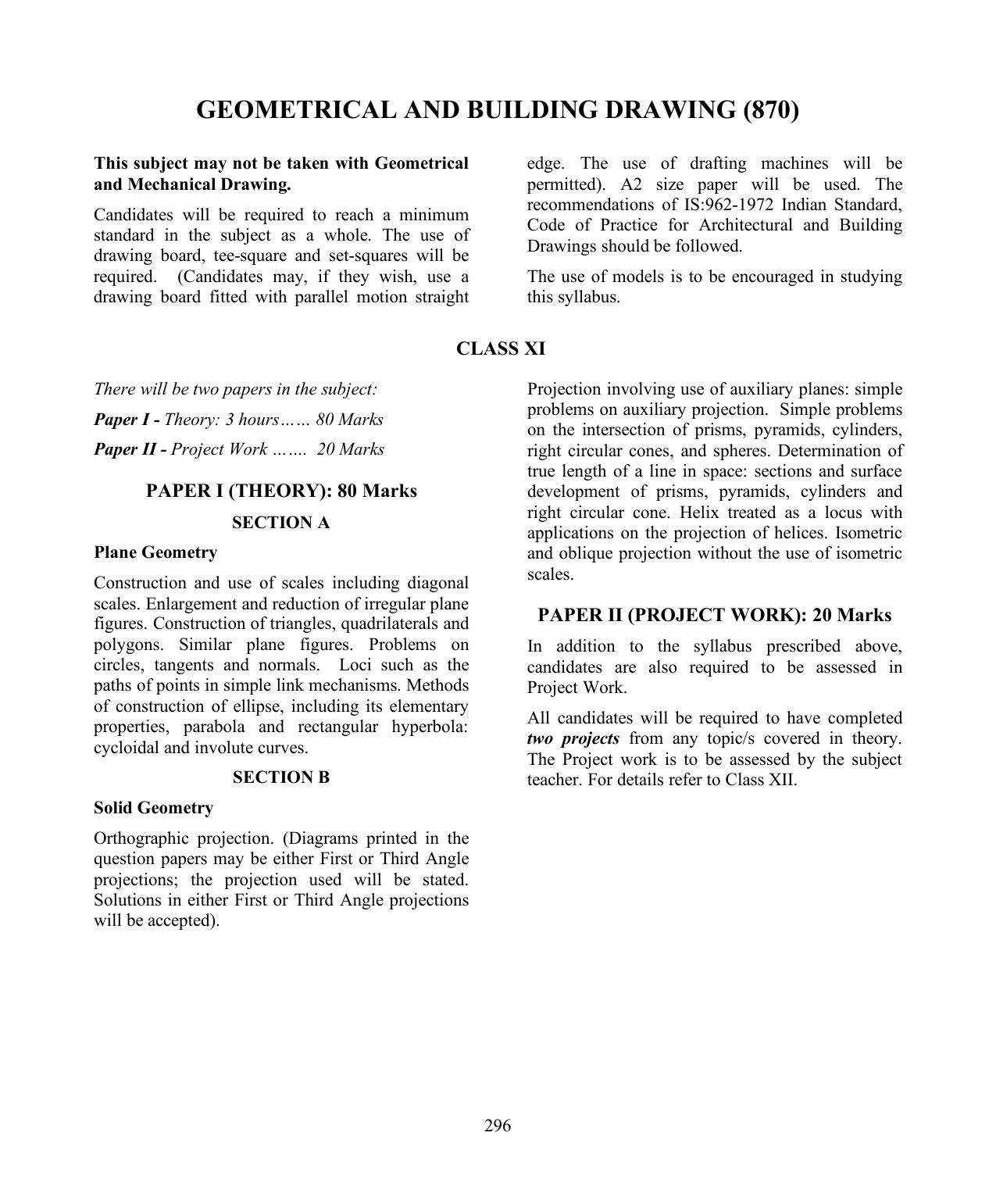 ISC Class XI & XII Geometrical & Building Drawing Syllabus - Page 1