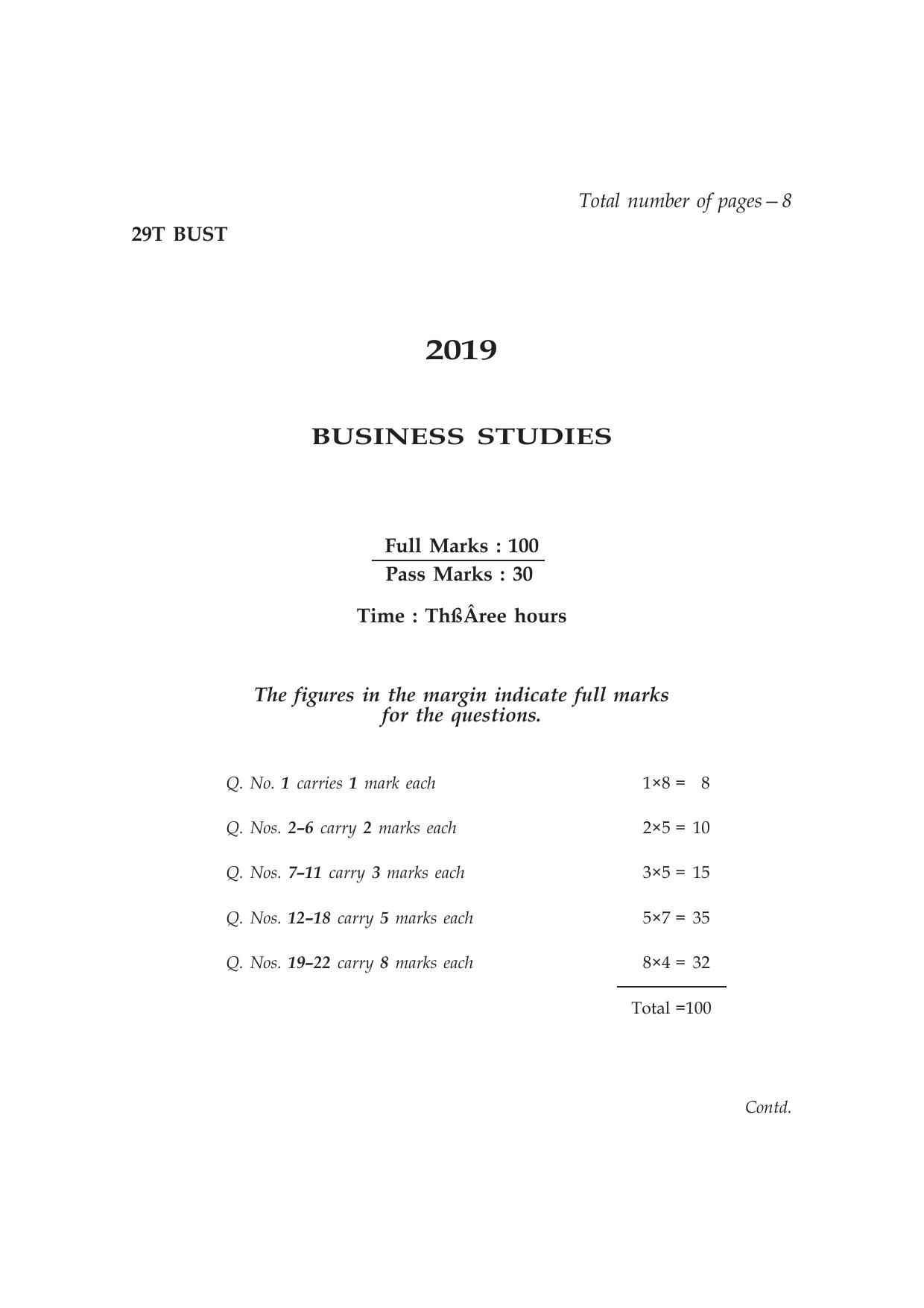 Assam HS 2nd Year Business Studies 2019 Question Paper - Page 1