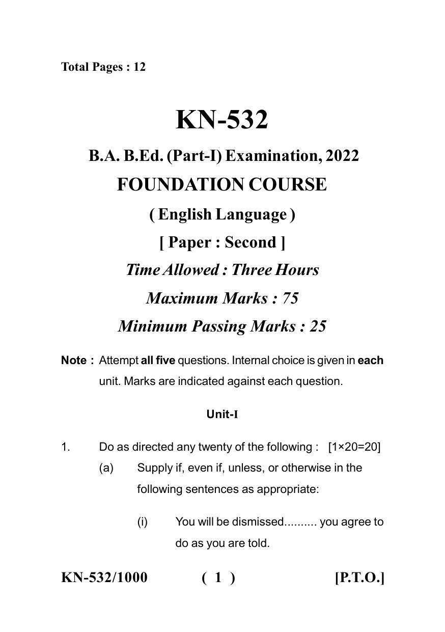 Sarguja University Question Paper - 2022 : B.A. Bed 04 Year Integrated Course (First Year) F.C. :English Language Paper I - Page 1