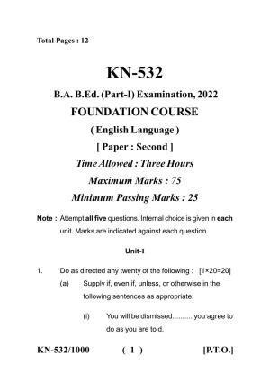 Sarguja University Question Paper - 2022 :  B.A. Bed 04 Year Integrated Course (First Year) F.C. :English Language Paper I